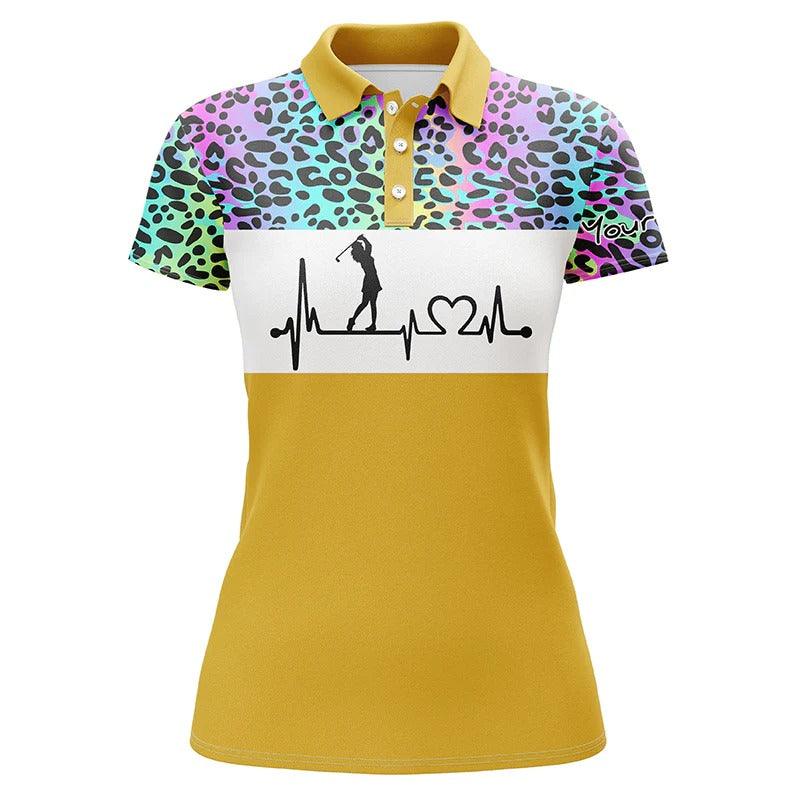 Custom Golf Women Polo Shirt - Women Golf Polo Shirt Custom Name Rainbow Gradient Leopard Golf Heartbeat - Perfect Polo Shirt For Women - Image 2