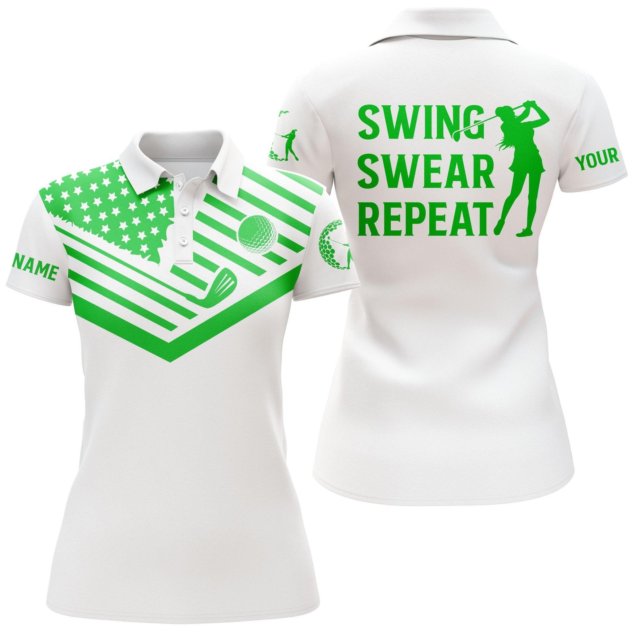 Custom Golf Women Polo Shirt - Women Golf Polo Shirt Green American Flag Custom Name Swing Swear Repeat - Perfect Polo Shirt For Women - Image 2