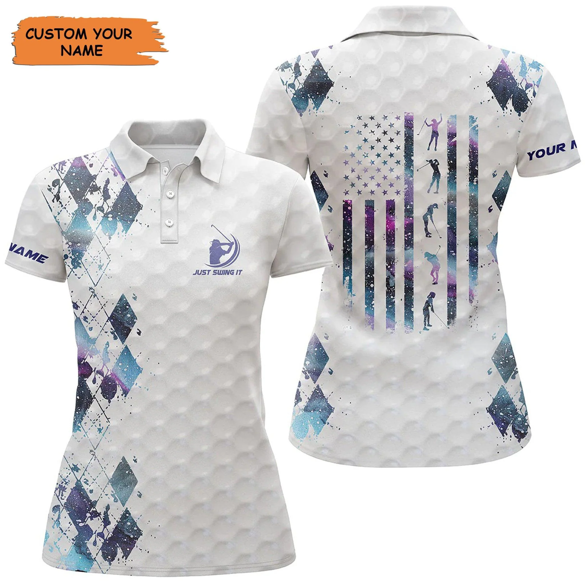 Custom Golf Women Polo Shirt - Women Golf Polo Shirt Just Swing It American Flag Patriotic Custom Name Blue Galaxy Women - Perfect Polo Shirt For Women