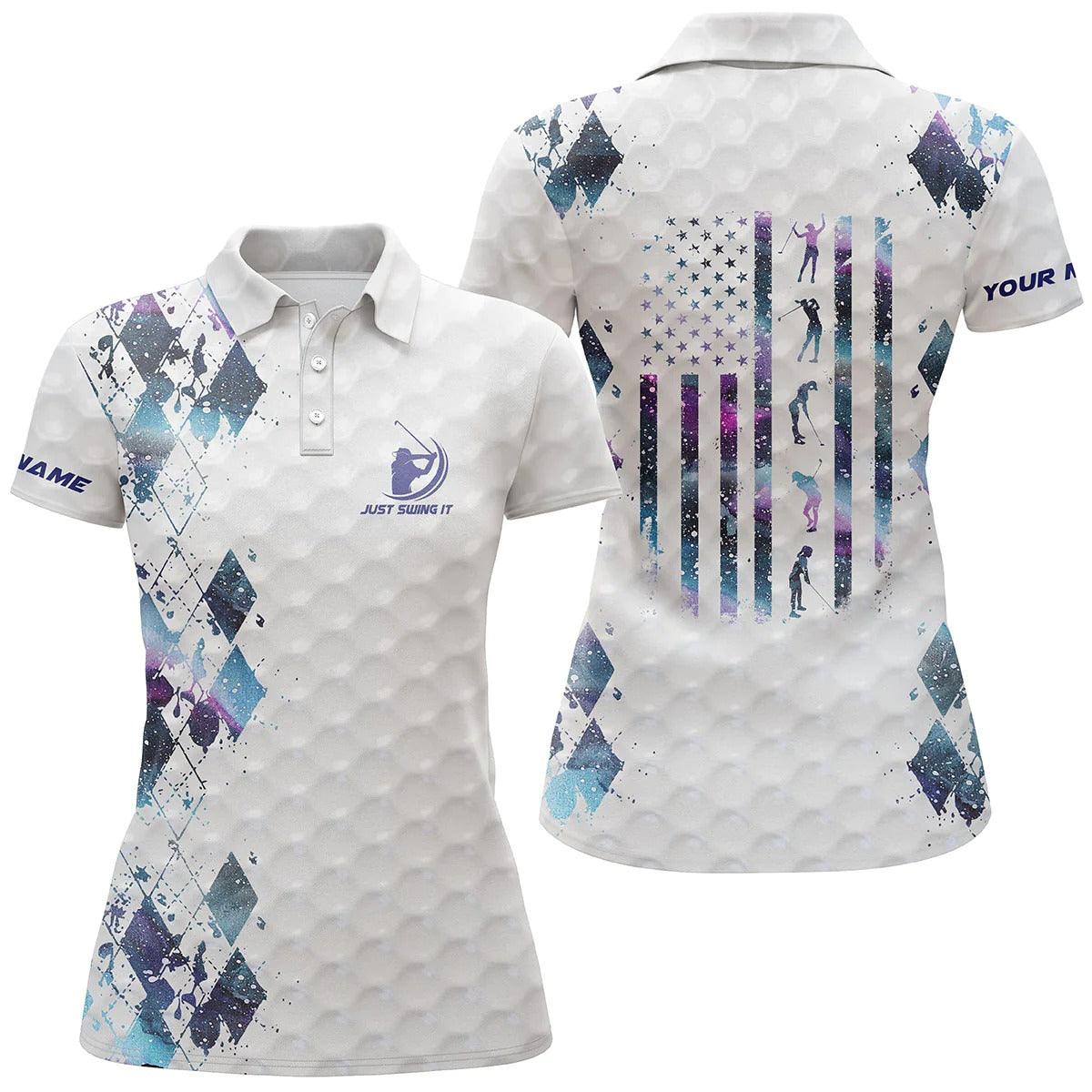 Custom Golf Women Polo Shirt - Women Golf Polo Shirt Just Swing It American Flag Patriotic Custom Name Blue Galaxy Women - Perfect Polo Shirt For Women - Image 2