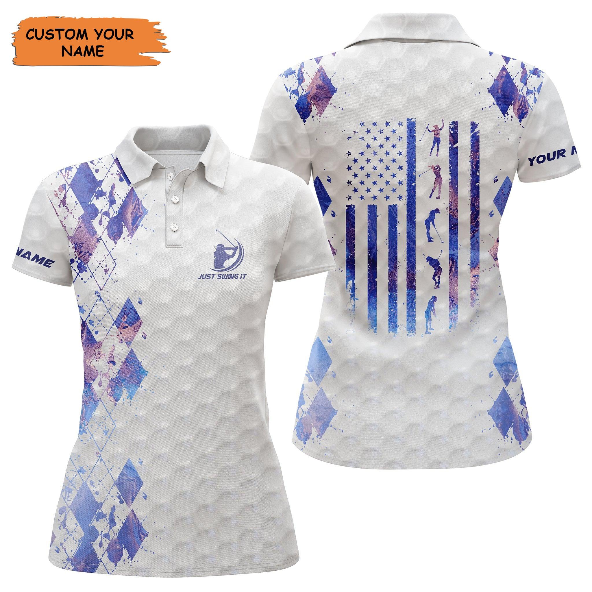 Custom Golf Women Polo Shirt, Women Golf Polo Shirt Just Swing It American Flag Patriotic Custom Name Galaxy White - Perfect Polo Shirt For Women
