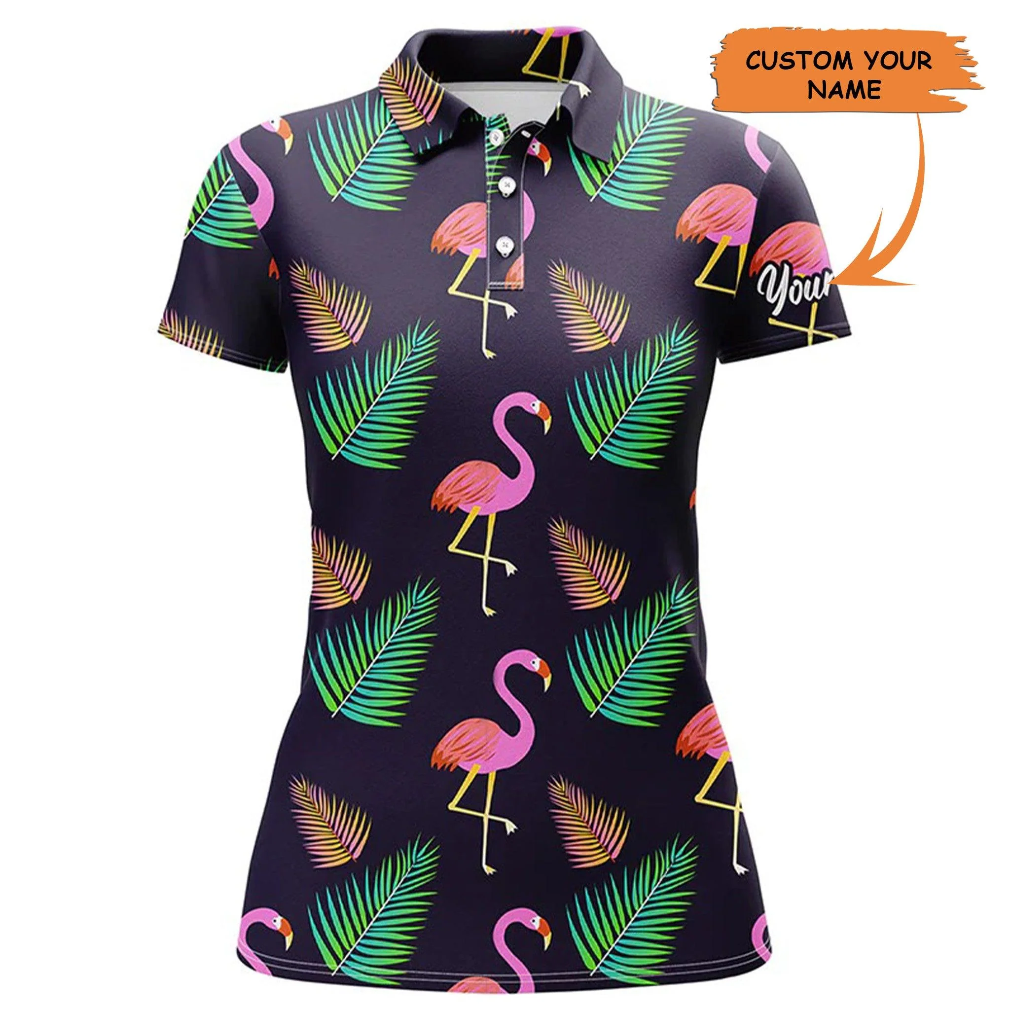 Custom Women Polo Shirt - Women Polo Shirt Neon Flamingo Palm Leaves Pattern Custom Team Flamingo - Perfect Polo Shirt For Women