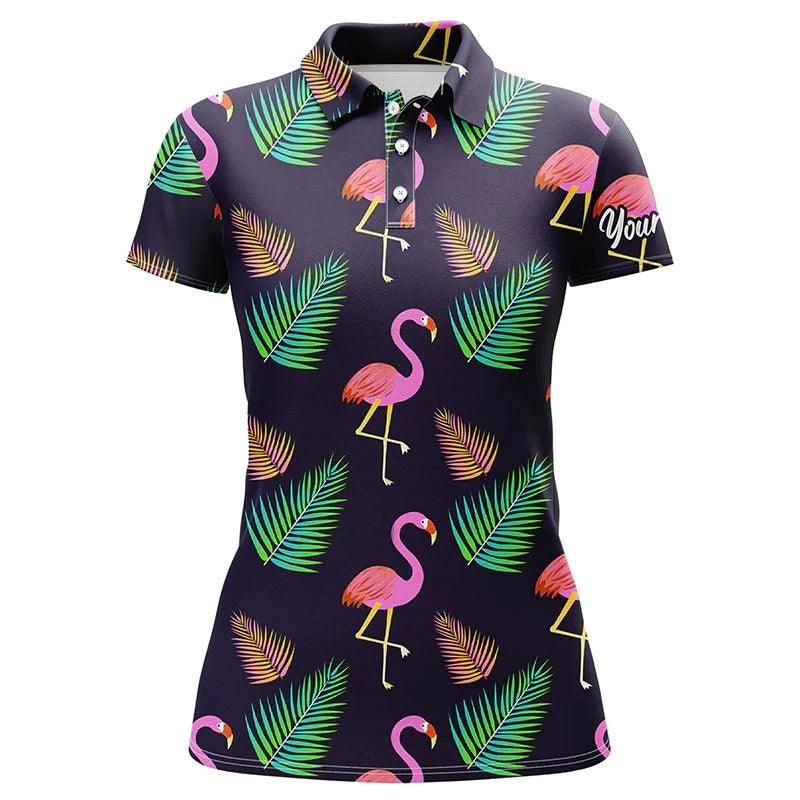 Custom Women Polo Shirt - Women Polo Shirt Neon Flamingo Palm Leaves Pattern Custom Team Flamingo - Perfect Polo Shirt For Women - Image 2