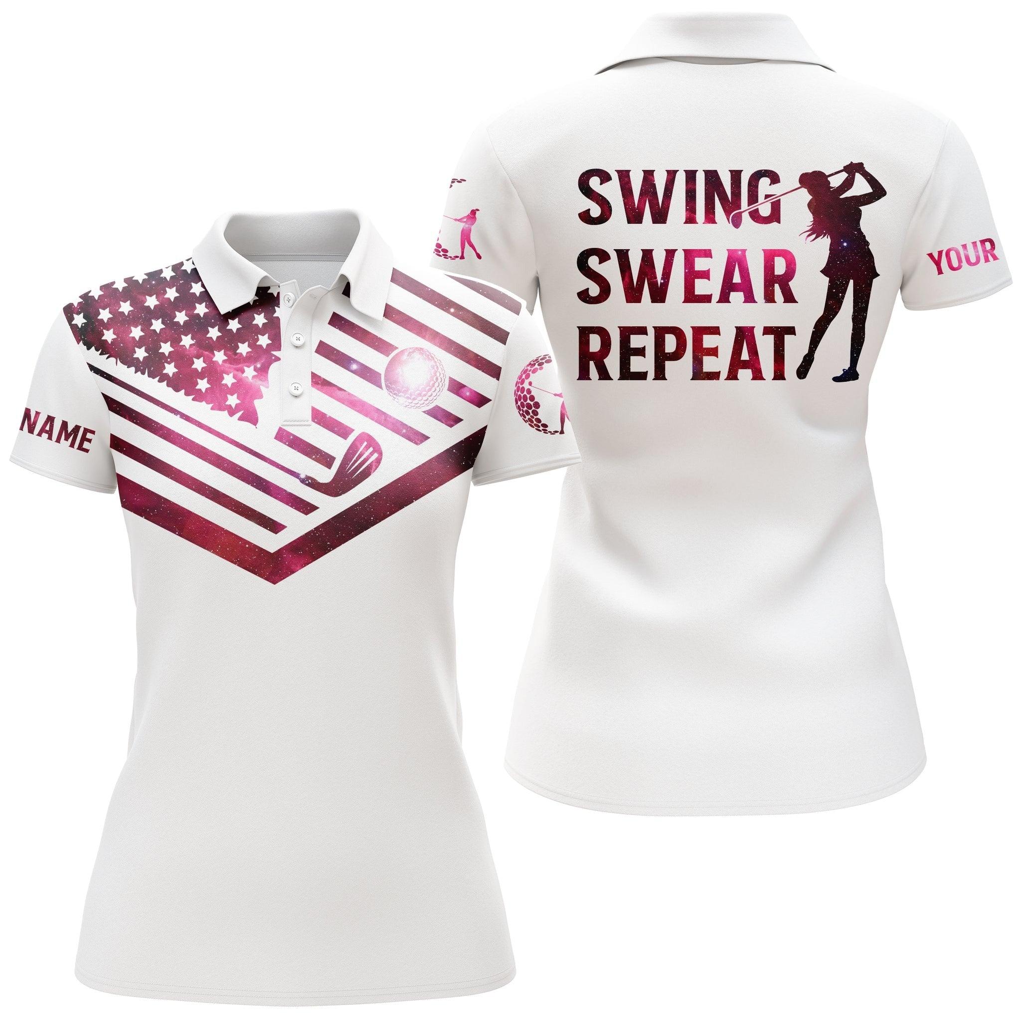 Custom Golf Women Polo Shirt, Women Golf Polo Shirt Pink Galaxy American Flag Custom Name Swing Swear Repeat White - Perfect Polo Shirt For Women - Image 2