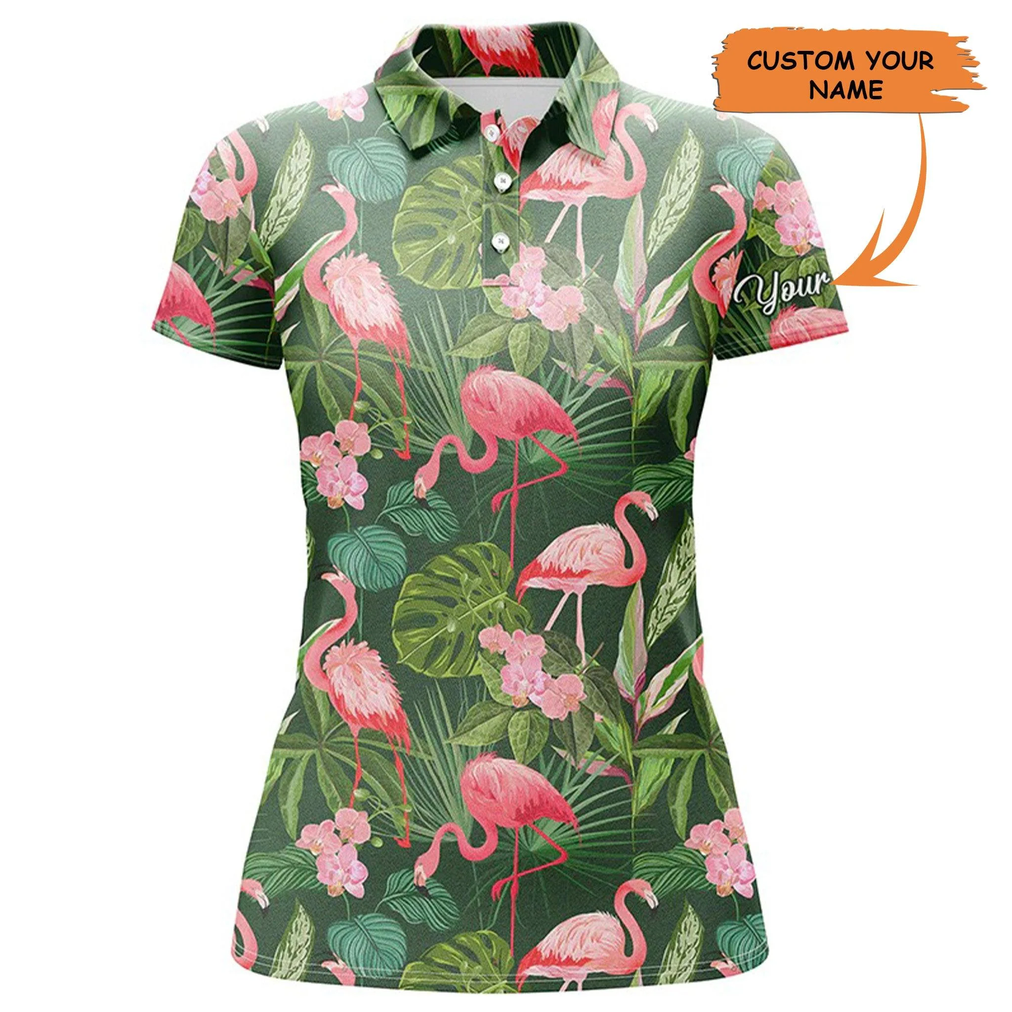Custom Women Polo Shirt - Women Polo Shirts Flamingo Green Tropical Palm Leaves Pattern - Perfect Polo Shirt For Women, Friends, Family