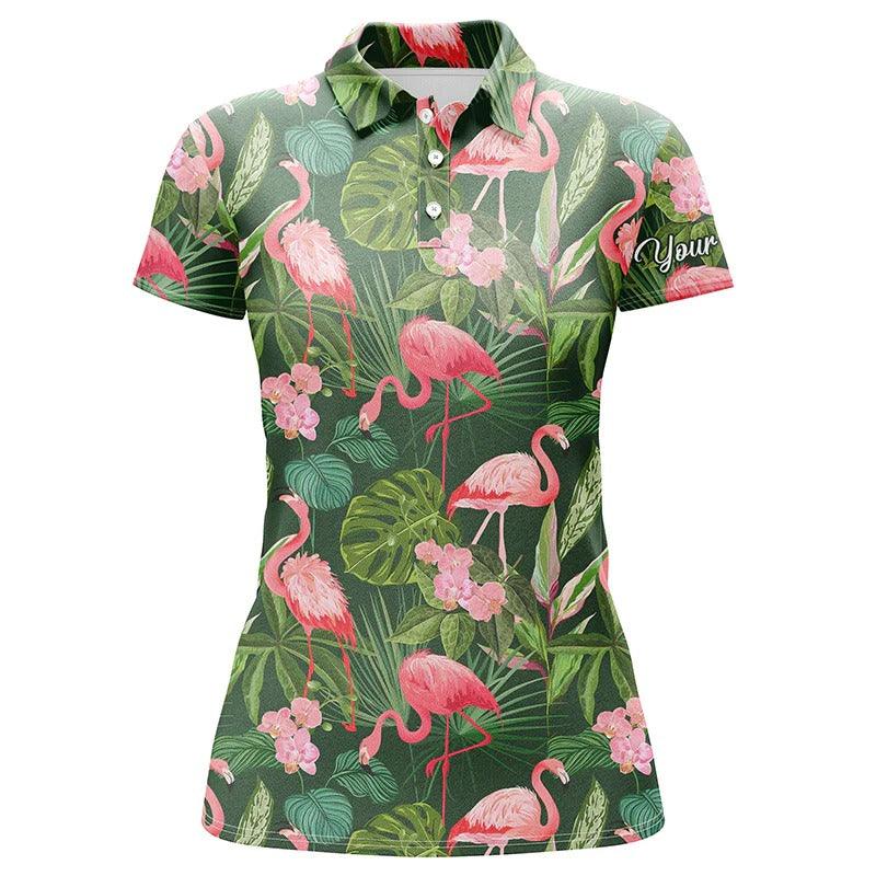 Custom Women Polo Shirt - Women Polo Shirts Flamingo Green Tropical Palm Leaves Pattern - Perfect Polo Shirt For Women, Friends, Family - Image 2