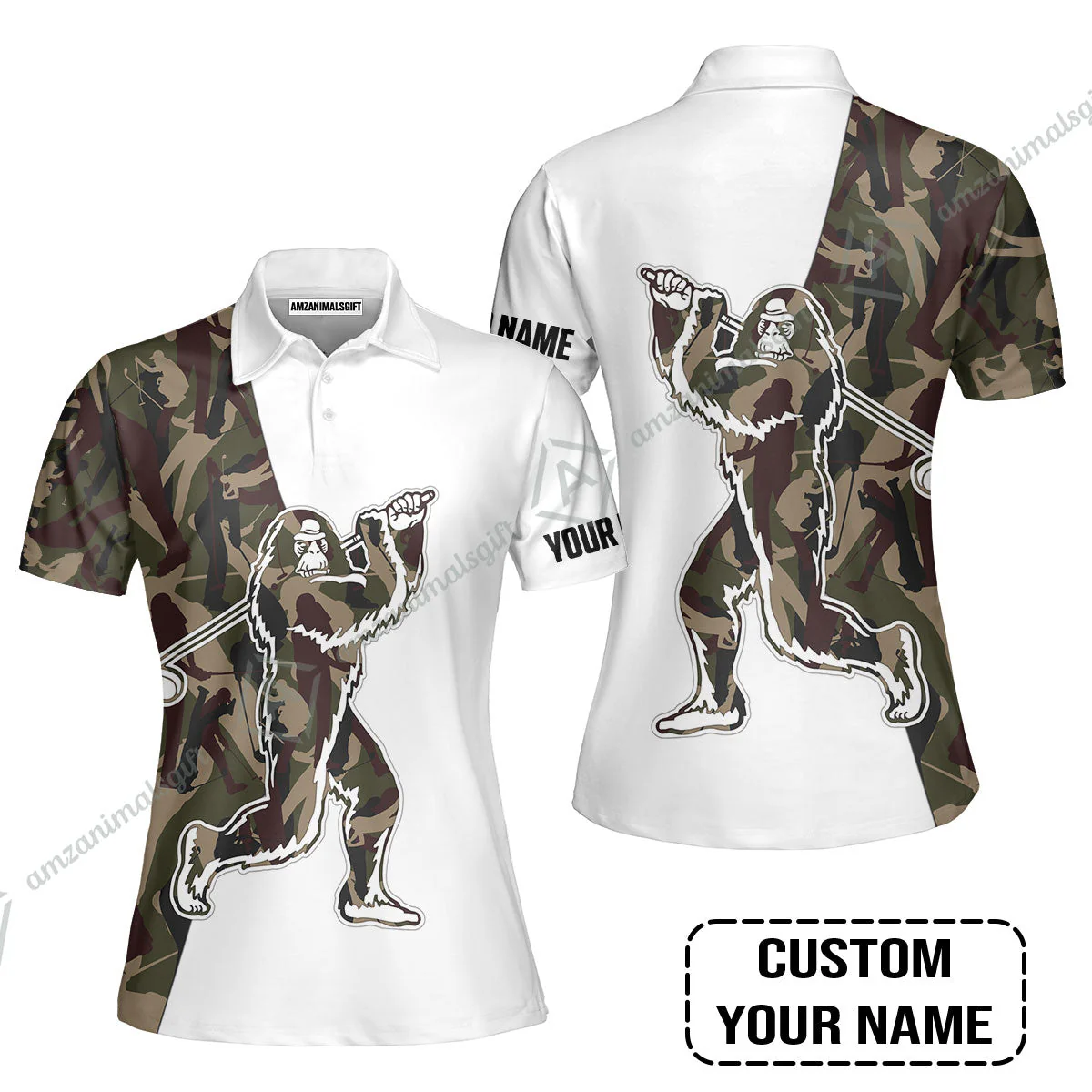 Custom Golf Women Sleeveless Polo Shirt - Funny Bigfoot Golf Polo Shirts, Camo Pattern Custom Name Sasquatch Playing Golf Apparel - Image 3