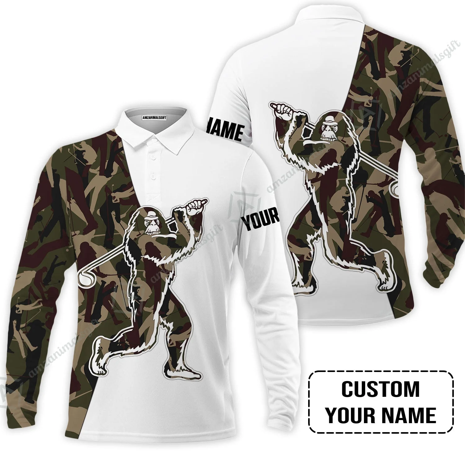 Custom Golf Women Sleeveless Polo Shirt - Funny Bigfoot Golf Polo Shirts, Camo Pattern Custom Name Sasquatch Playing Golf Apparel - Image 4