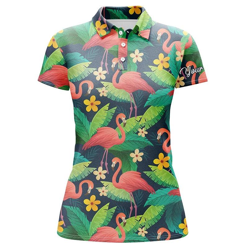 Custom Womens Polo Shirt - Women Polo Shirts Colorful Flamingo Pattern Green Tropical Leaves - Perfect Polo Shirt For Womens - Image 2
