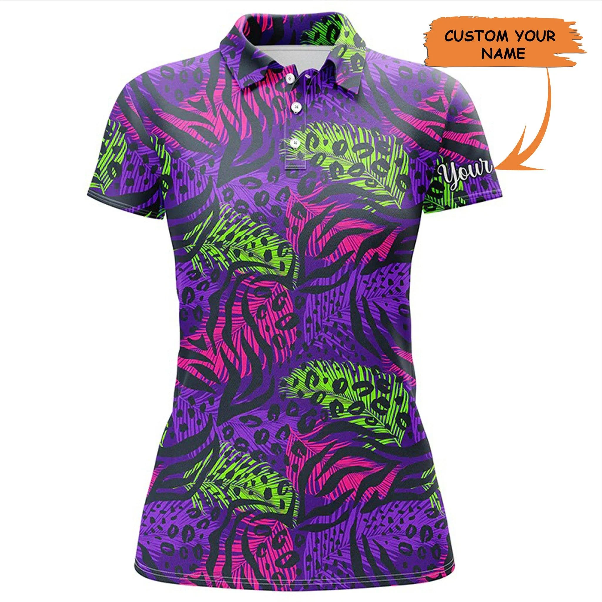 Customized Name Women Polo Shirts, Personalized Colorful Purple Tropical Leaves Background Shirts - Perfect Gift For Ladies,Friend, Family