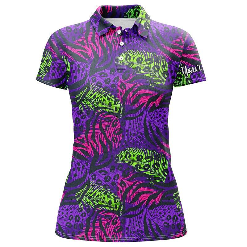 Customized Name Women Polo Shirts, Personalized Colorful Purple Tropical Leaves Background Shirts - Perfect Gift For Ladies,Friend, Family - Image 2