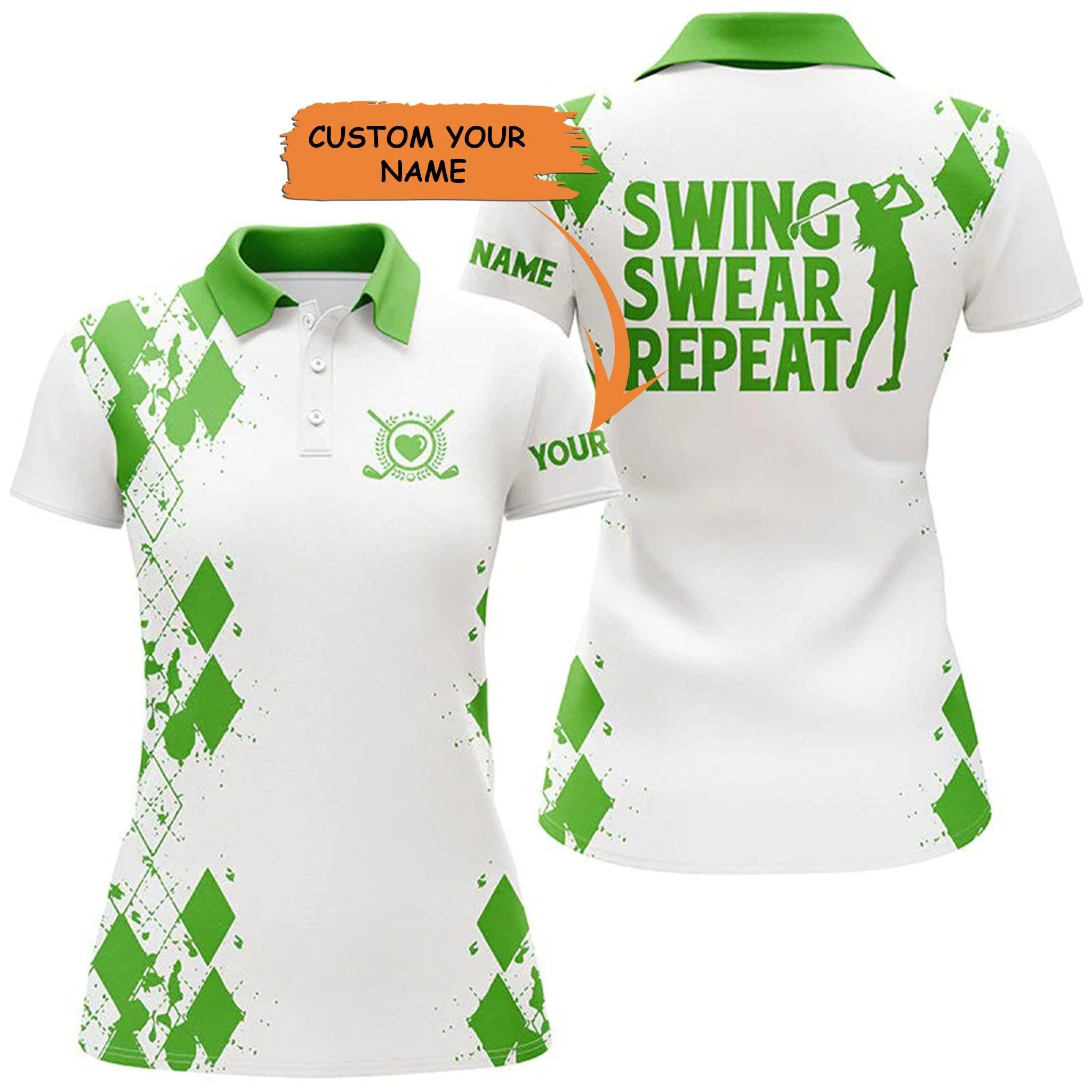 Custom Golf Womens Polo Shirt - Womens Golf Polos Shirts Custom Name Swing Swear Repeat White Golf Shirt - Perfect Polo Shirt For Womens, Golf Lover