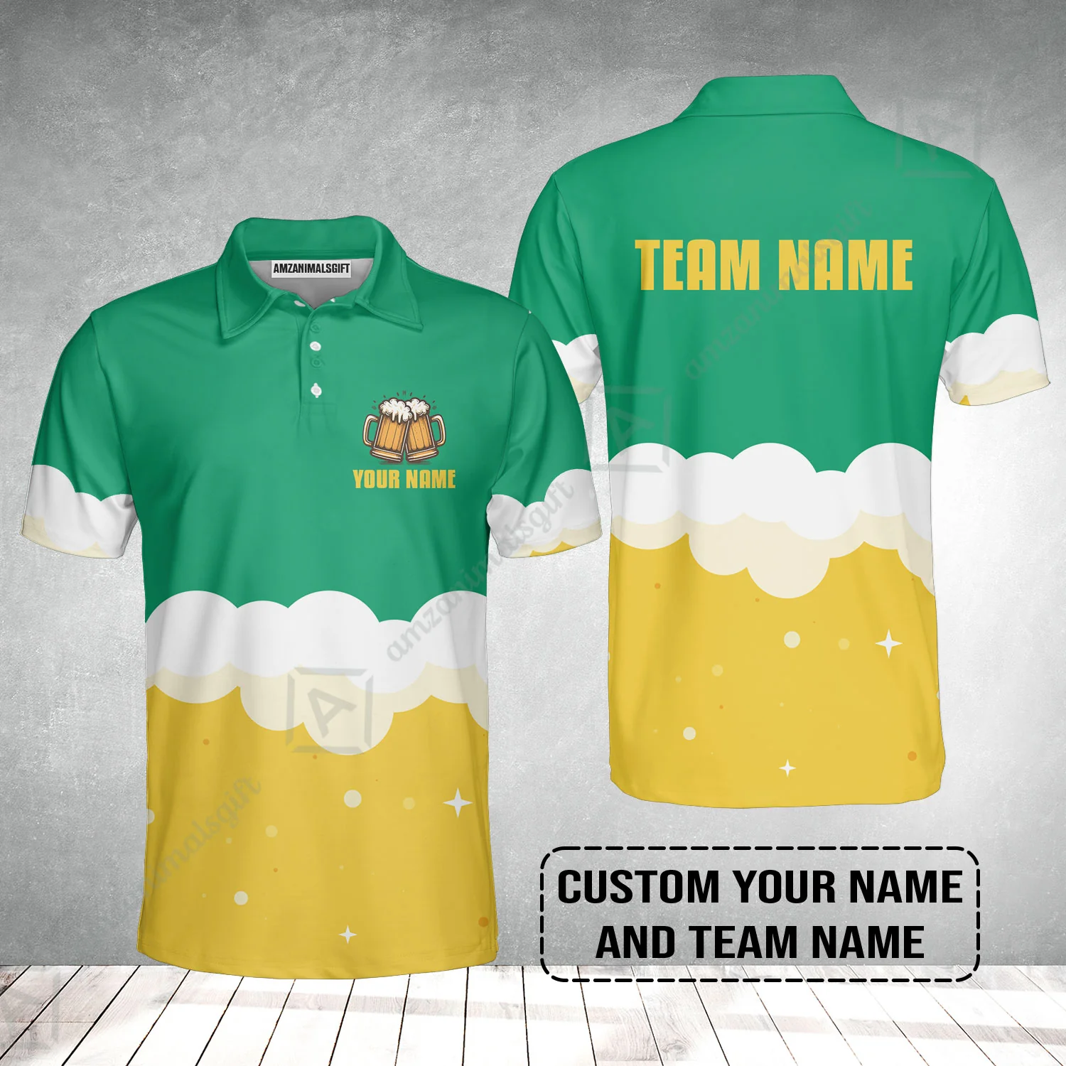 Custom Green White Yellow Beer Pattern Design Oktoberfest Beer Festival Performance Polo Shirt - Image 2