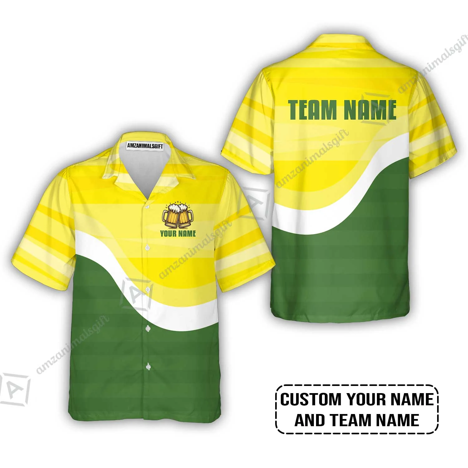 Custom Green Yellow Beer Pattern Design Oktoberfest Beer Festival Performance T-Shirt - Image 3