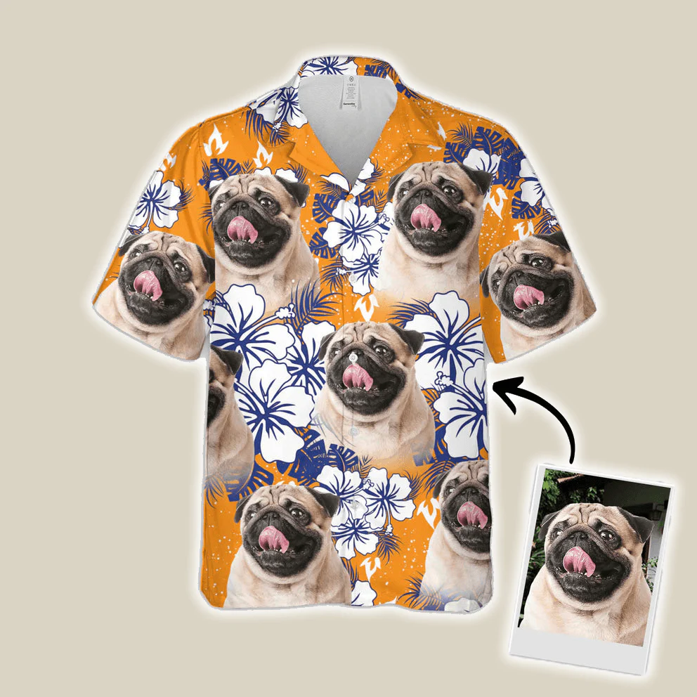 Custom Hawaiian Shirt With Dog & Cat Face - Flowers Pattern Orange Color Aloha Shirt - Personalized Hawaiian Shirt For Men & Women, Pet Lovers - Image 2