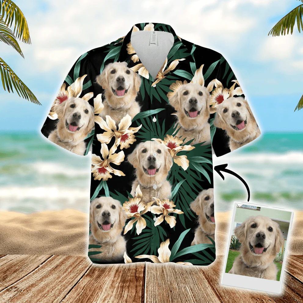Custom Hawaiian Shirt With Pet Face - Leaves & Flowers Pattern Dark Green Color Aloha Shirt - Personalized Hawaiian Shirt For Men & Women, Pet Lovers