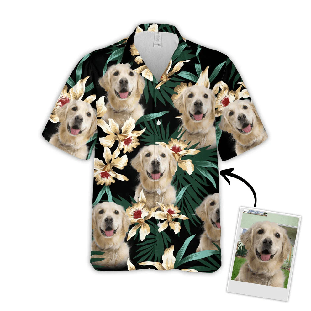 Custom Hawaiian Shirt With Pet Face - Leaves & Flowers Pattern Dark Green Color Aloha Shirt - Personalized Hawaiian Shirt For Men & Women, Pet Lovers - Image 4