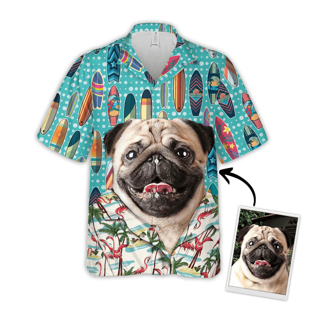 Custom Hawaiian Shirts With Pet Face Dog Cat Face - Surfing Pattern Sky Blue Color Aloha Shirts - Custom Dog Face Hawaiian Shirts & Tops For Men Women - Image 3