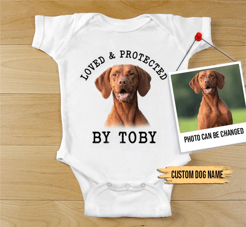 Custom Hungarian Vizsla Baby Onesies, Loved & Protected By Custom Dog Newborn Onesies, Personalized Onesies - Perfect Gift For Baby, Baby Gift Onesie