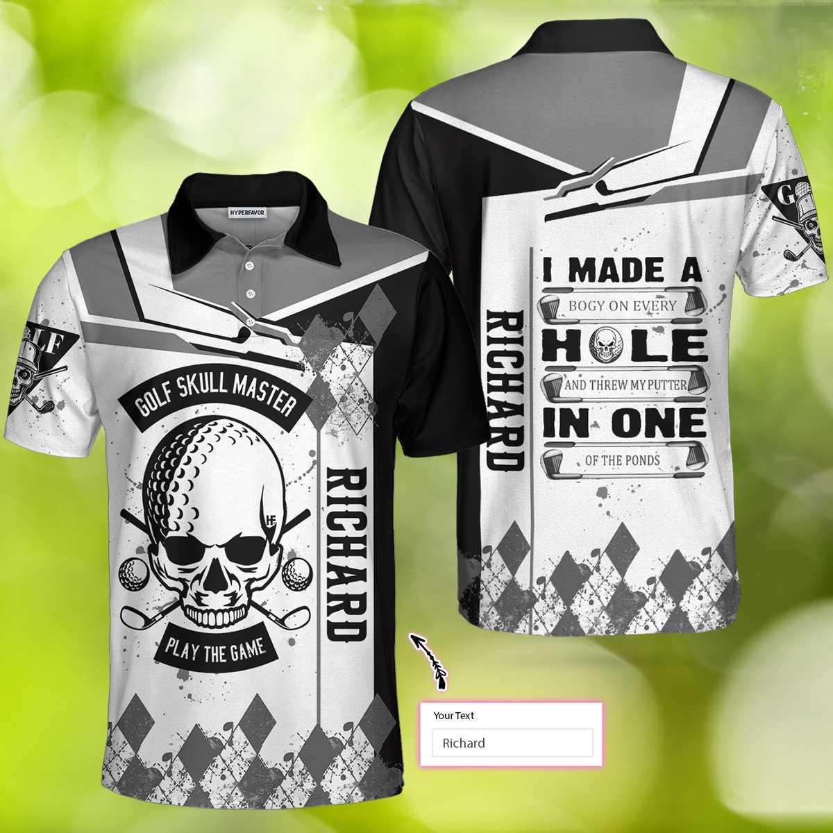 Custom Men Golf Polo Shirt - Personalized Golf Gift, I Made A Hole In One Golf Custom Polo Shirt, Black And White Skull Golf Shirt For Men, Golfers