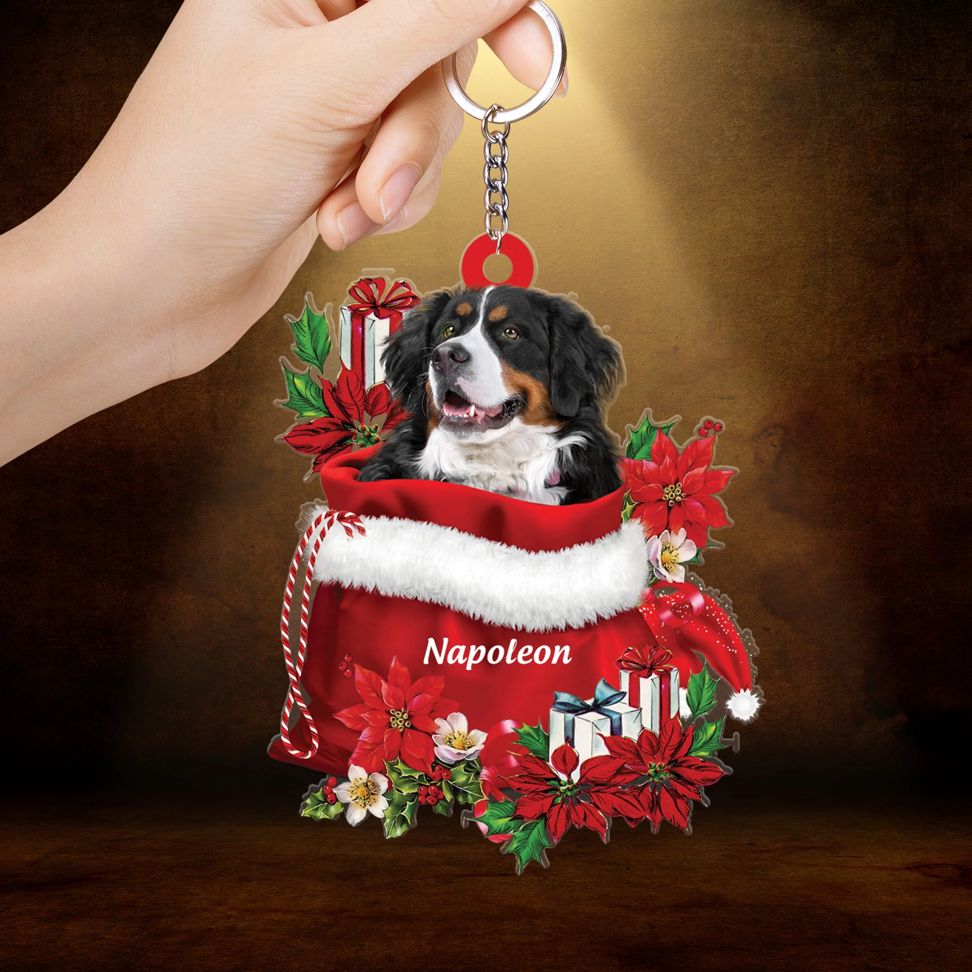 Custom Name Bernese Mountain In Red Gift Bag Christmas Acrylic Keychain, Customized Christmas Gift For Dog Lovers, Dog Mom - Image 2