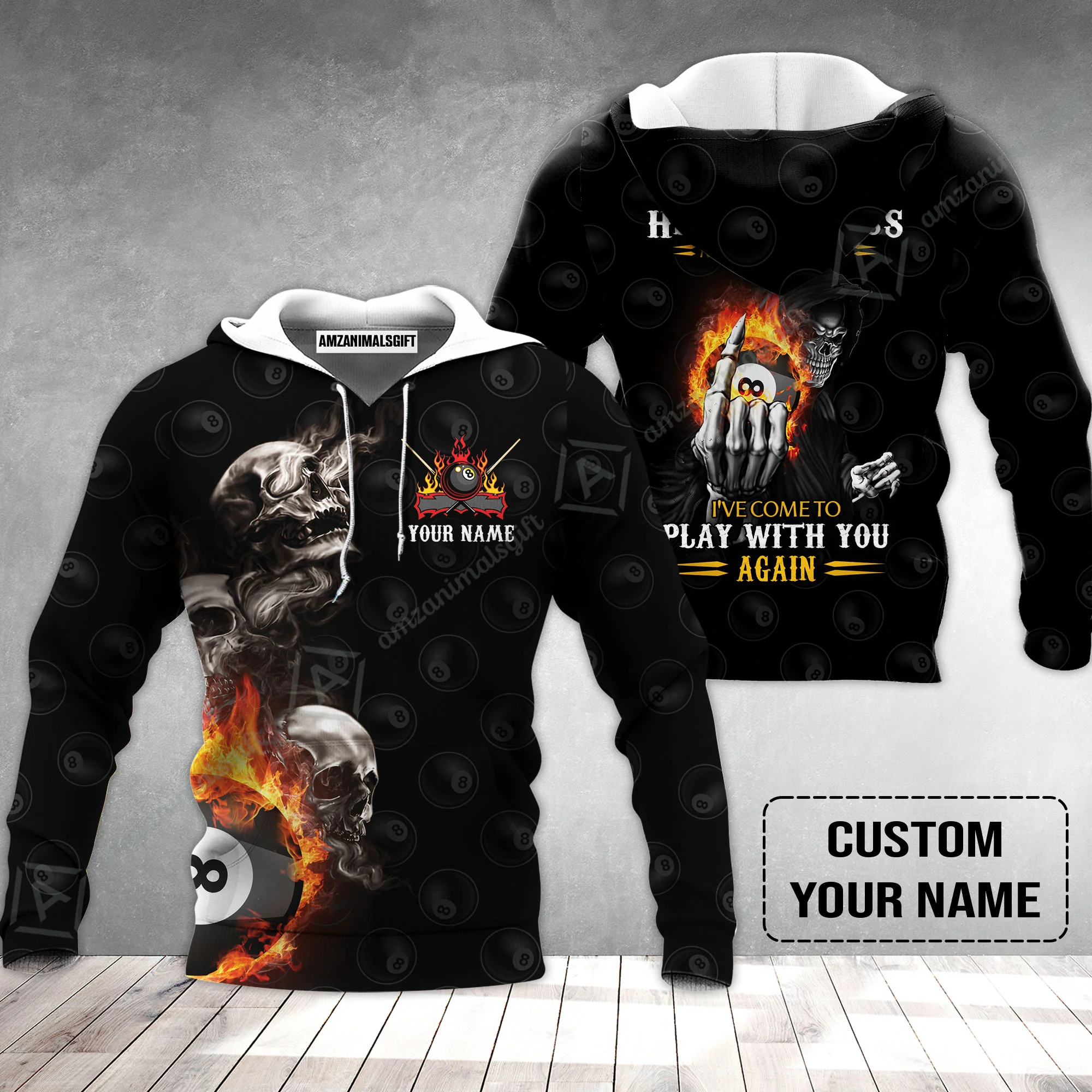 Custom Name Billiard Hoodie, Personalized Skull Reaper 8 Ball Pool Billiards, Hello Darkness My Old Friend Hoodie - Image 2