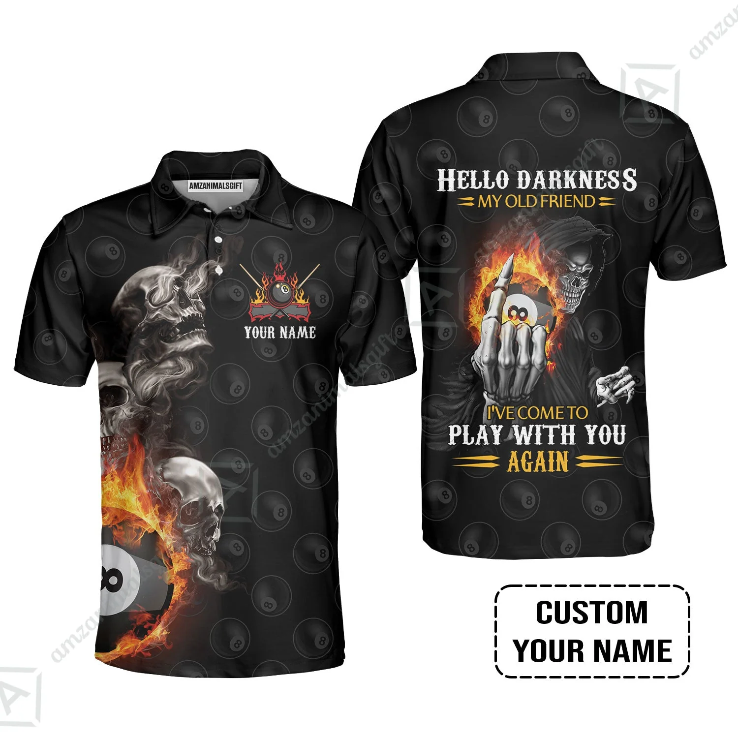 Custom Name Billiard Long Polo Shirt, Personalized Skull Reaper 8 Ball Pool Billiards, Hello Darkness My Old Friend Long Polo Shirt - Image 3