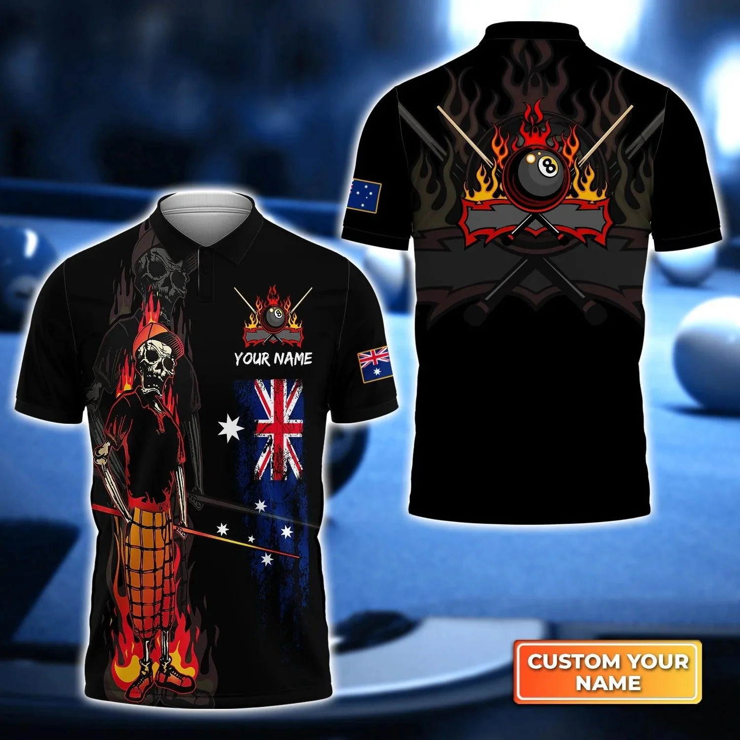 Custom Name Billiard Men Polo Shirt, Bones Australia Flag Personalized 8 Ball Pool Billiards Polo Shirts, Gift For Men, Billiard Lovers, Players