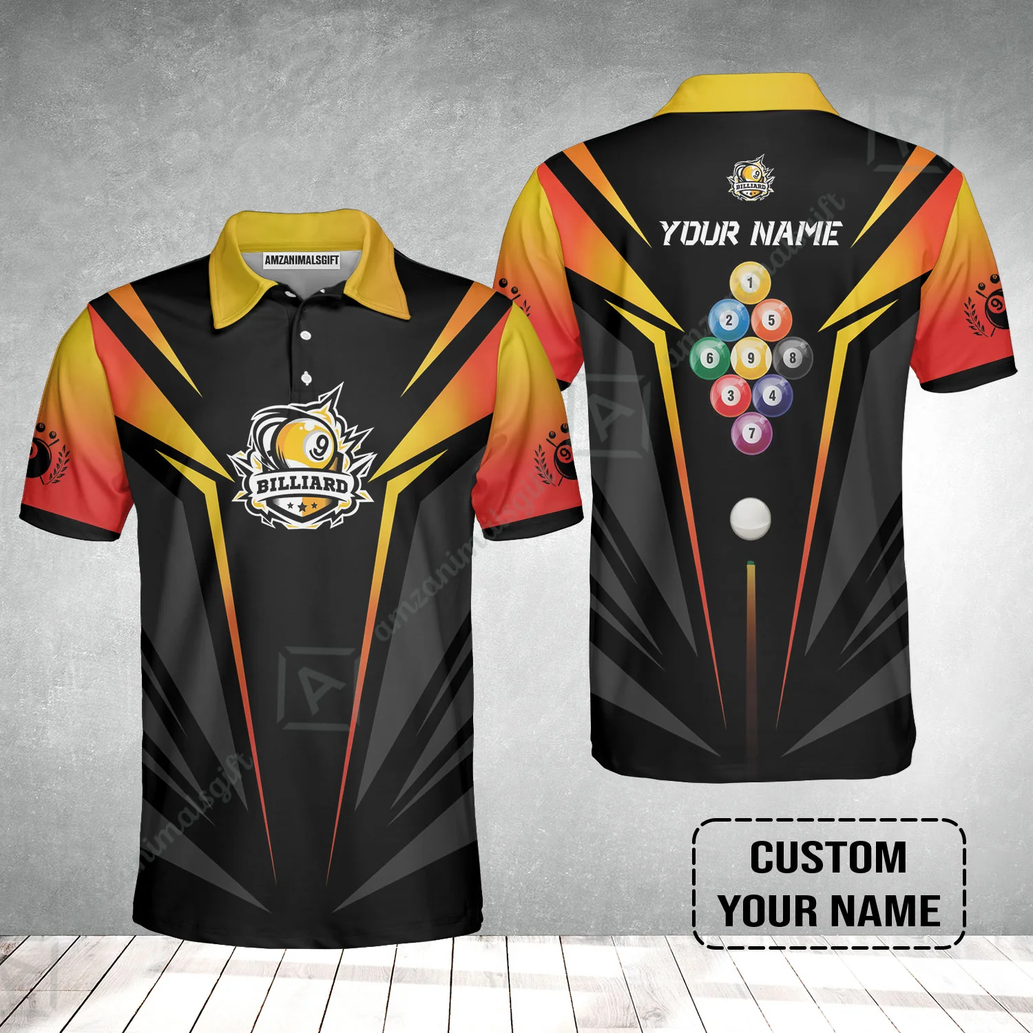Custom Name Billiard Men Polo Shirt, Nine-Ball In Orange Personalized 8 Ball Pool Billiards Polo Shirts - Image 2