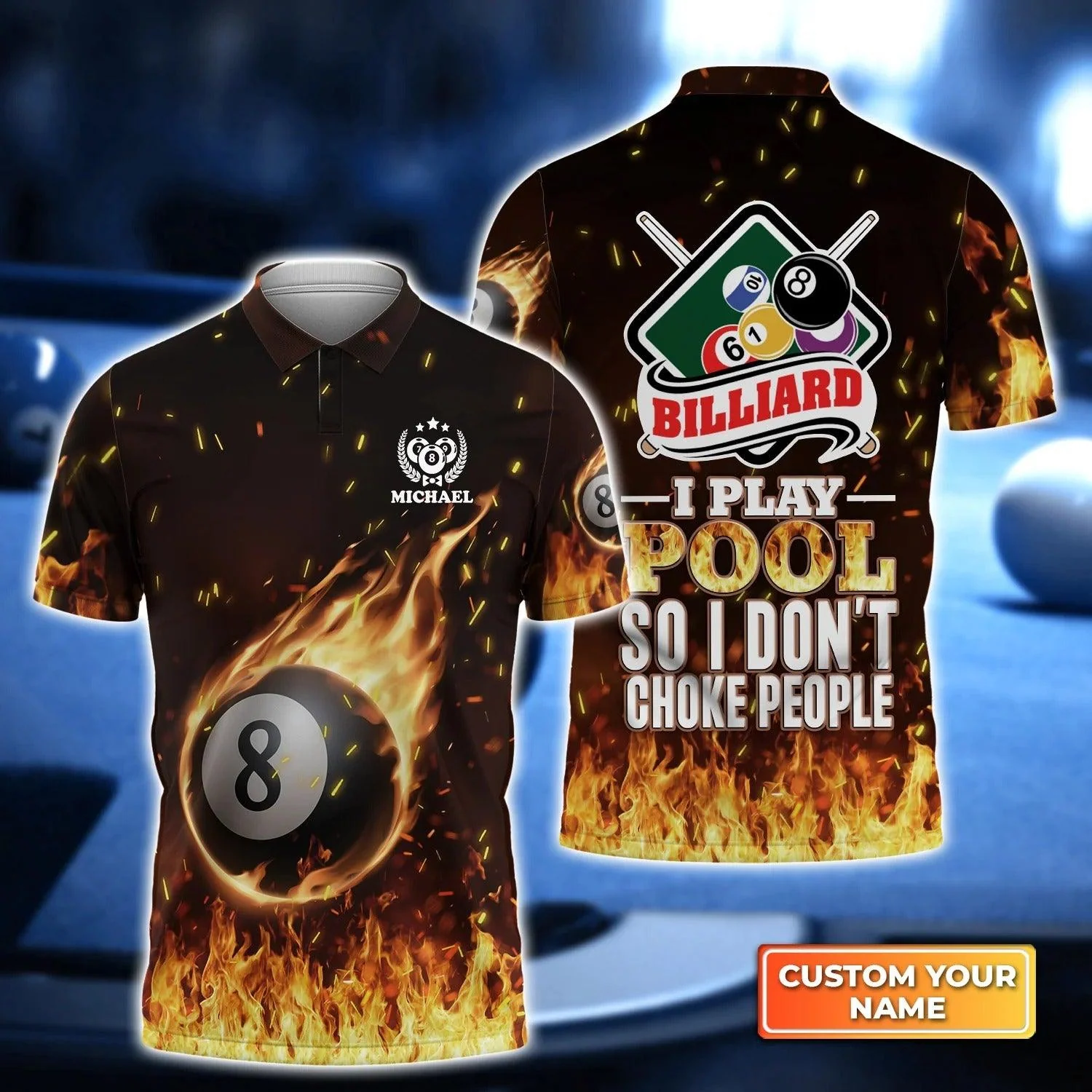 Custom Name Billiard Men Polo Shirt, Personalized 8 Ball Pool Billiards Polo Shirts, Gift For Billiard Lovers, I Play Pool So I Don’t Choke People