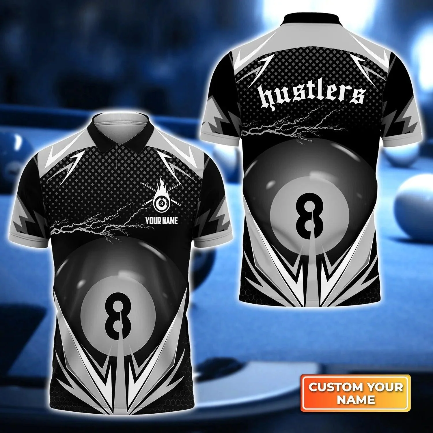 Custom Name Billiard Men Polo Shirt, Personalized HUSTLERS Team Thunder 8 Ball Pool Billiards Polo Shirts , Perfect Gift For Billiard Lovers, Players