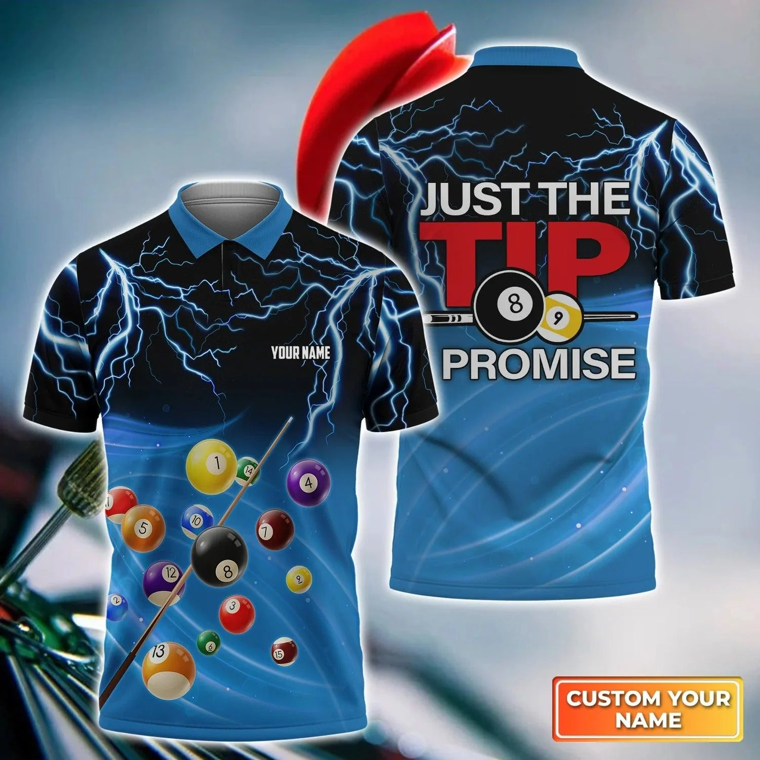 Custom Name Billiard Men Polo Shirt, Personalized Thunder 8 Ball Pool Billiards Polo Shirts, Gift For Billiard Lovers, Just The Tip I Promise