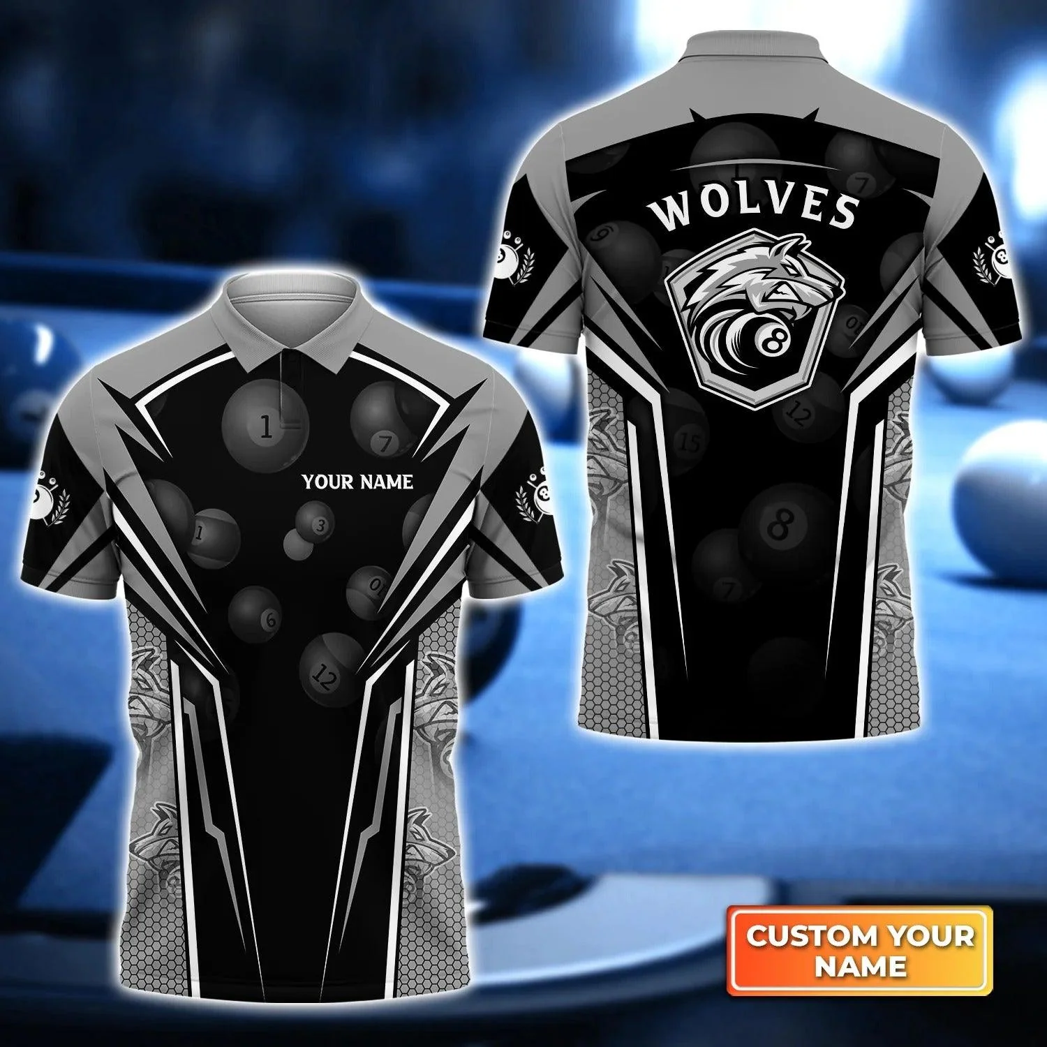 Custom Name Billiard Men Polo Shirt, Personalized Wolf Team 8 Ball Pool Billiards Polo Shirts, Perfect Gift For Men, Billiard Lovers, Billiard Players