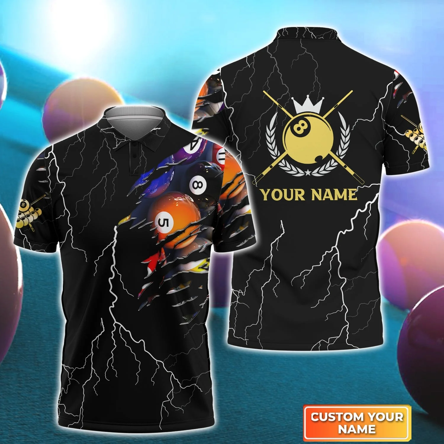 Custom Name Billiard Men Polo Shirt, Thunder Billiard Ball Personalized 8 Ball Pool Billiards Polo Shirts, Perfect Gift For Billiard Lovers, Players