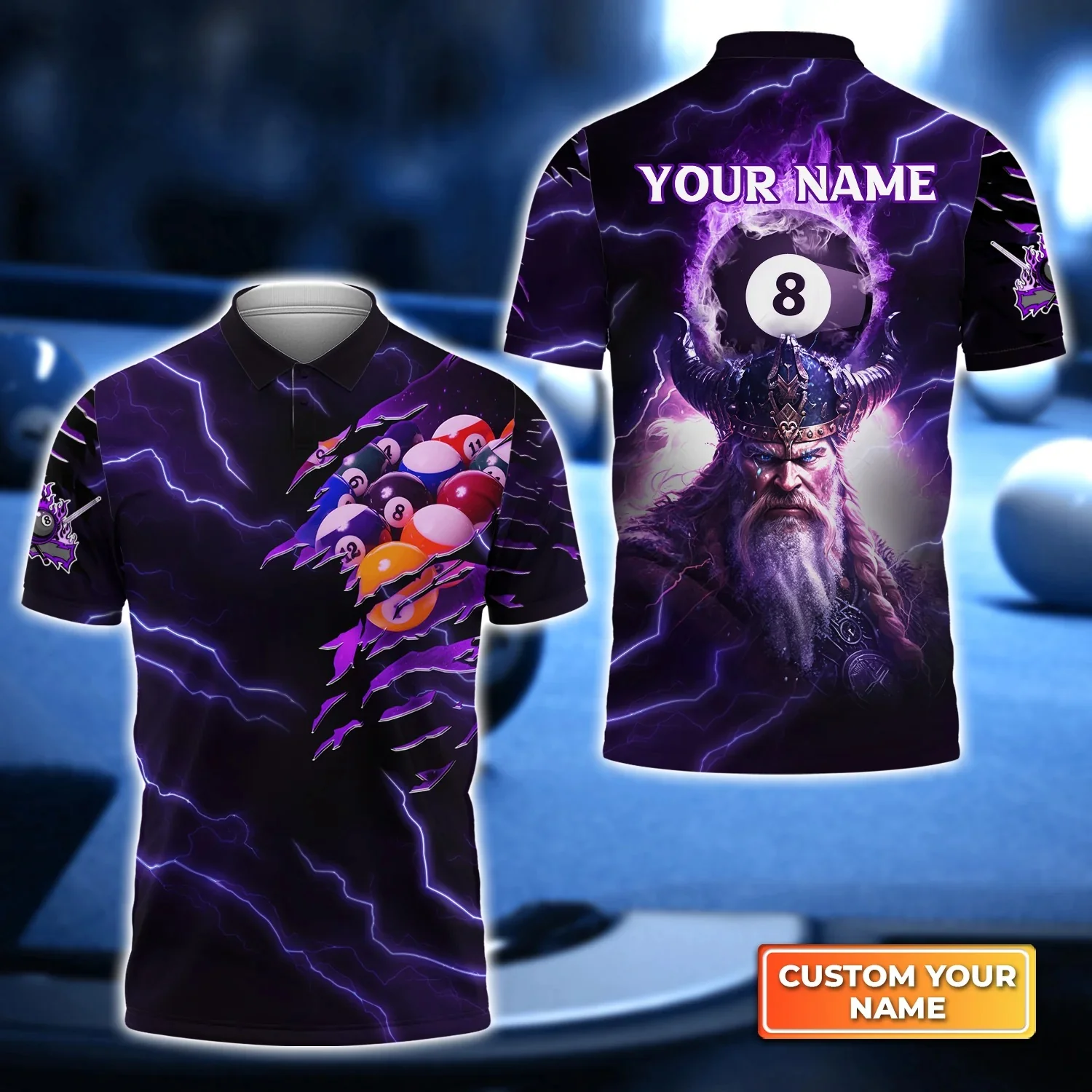 Custom Name Billiard Men Polo Shirt, Thunder Pattern Viking Personalized 8 Ball Pool Billiards Polo Shirts, Gift For Billiard Lovers, Billiard Players