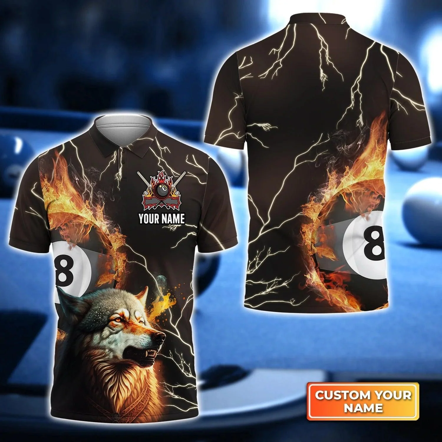 Custom Name Billiard Men Polo Shirt, Wolf On Fire Personalized 8 Ball Pool Billiards Polo Shirts, Gift For Men, Billiard Lovers, Billiard Players