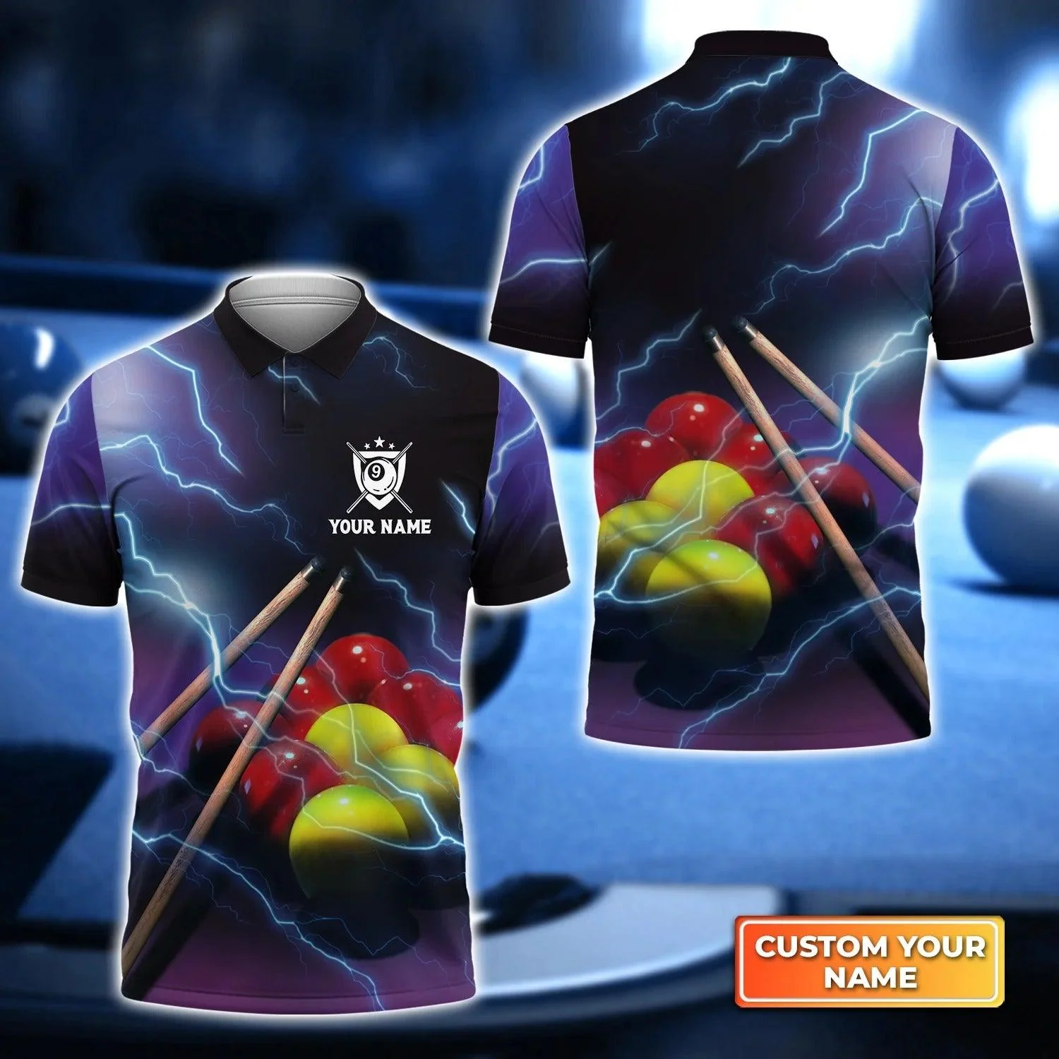 Custom Name Billiard Men Polo Shirt, Yellow and Red Thunder Lightning Personalized 8 Ball Pool Billiards Polo Shirts, Perfect Gift For Billiard Lovers