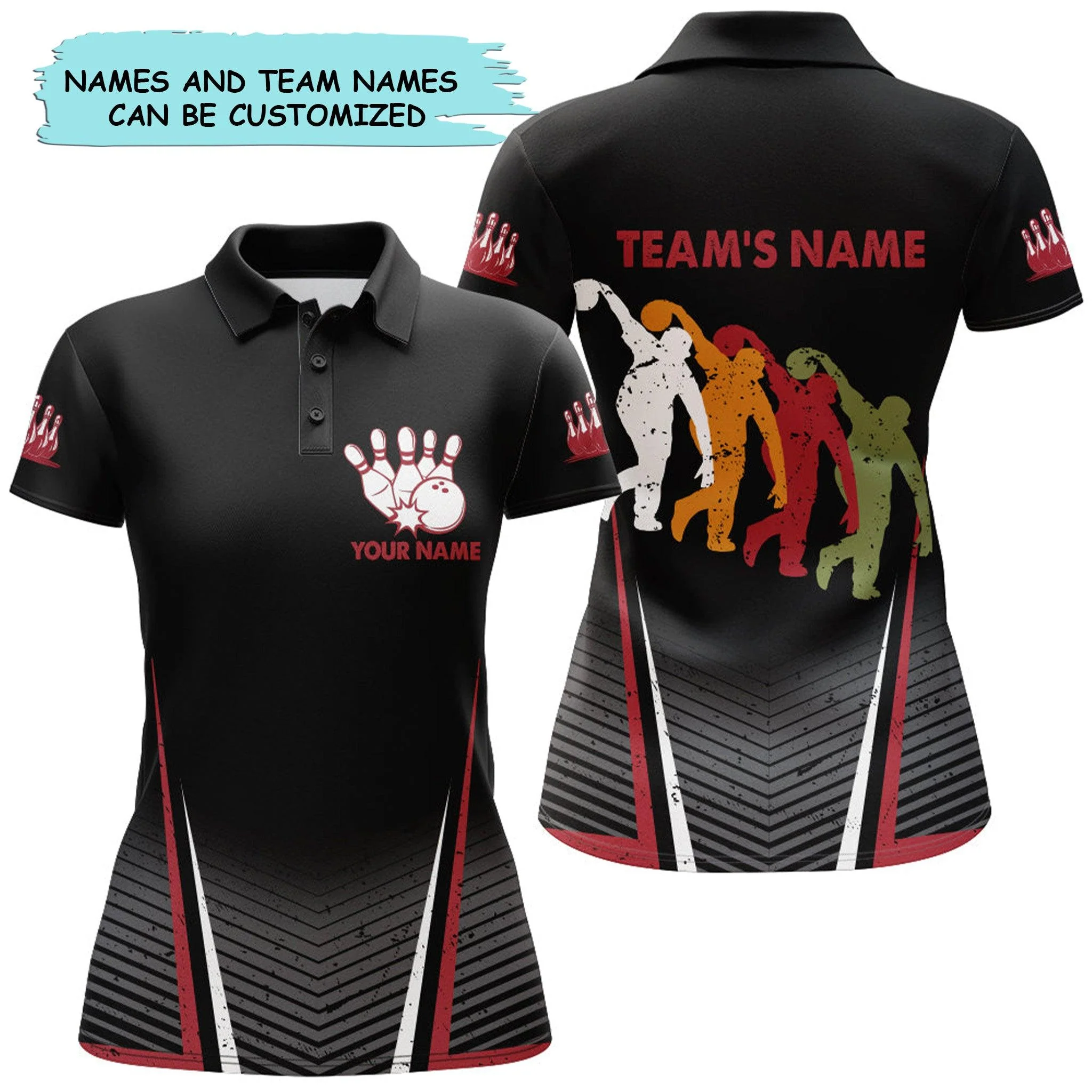 Custom Name Bowling Women Polo Shirt - Custom Team Name Black Bowling Personalized Bowling Polo Shirt - Gift For Lady, Bowling Team, Bowling Lovers