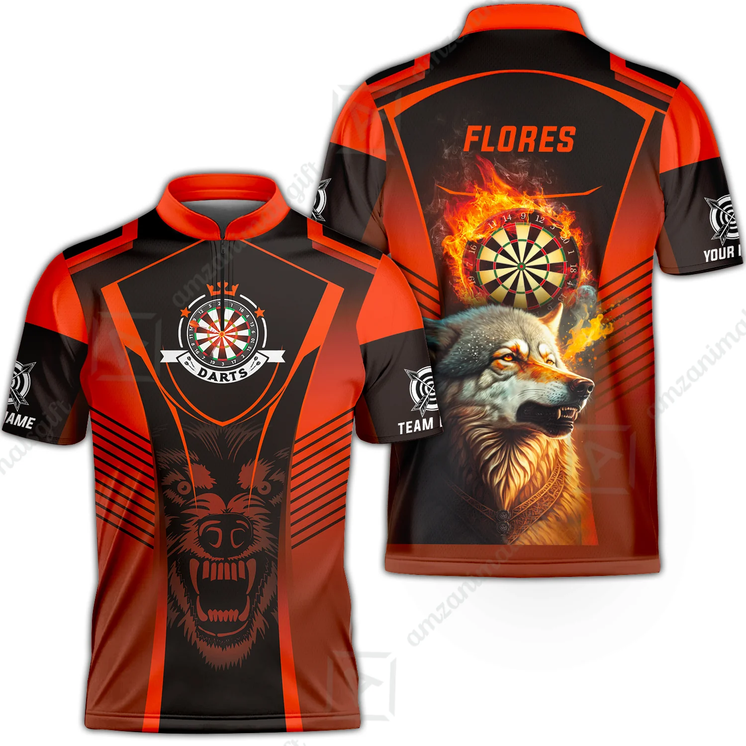 Custom Name Darts Men Polo Shirt, Orange Wolf Dartboard Personalized Polo Shirts, Gift For Men, Darts Lovers, Darts Players - Image 2