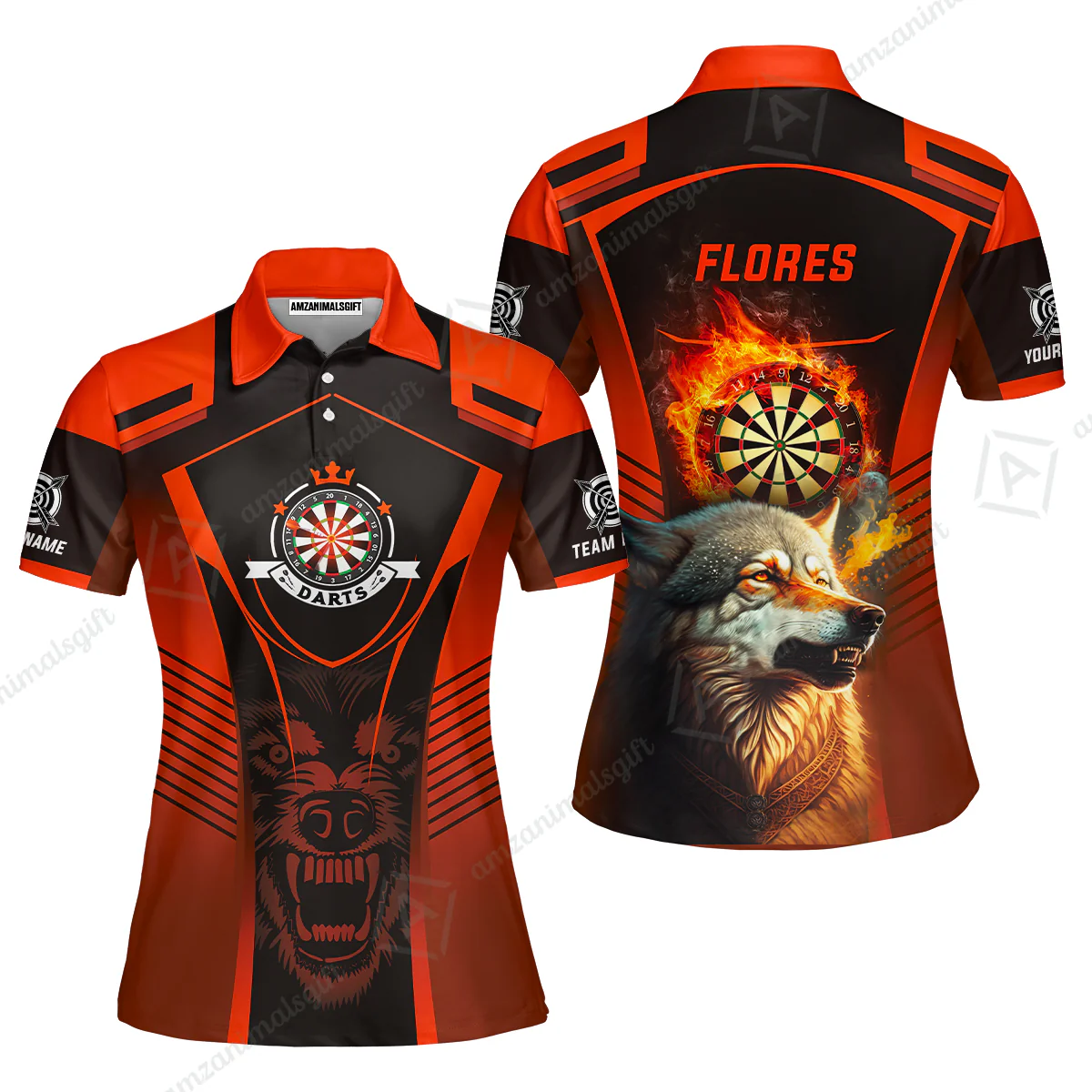 Custom Name Darts Men Polo Shirt, Orange Wolf Dartboard Personalized Polo Shirts, Gift For Men, Darts Lovers, Darts Players - Image 4