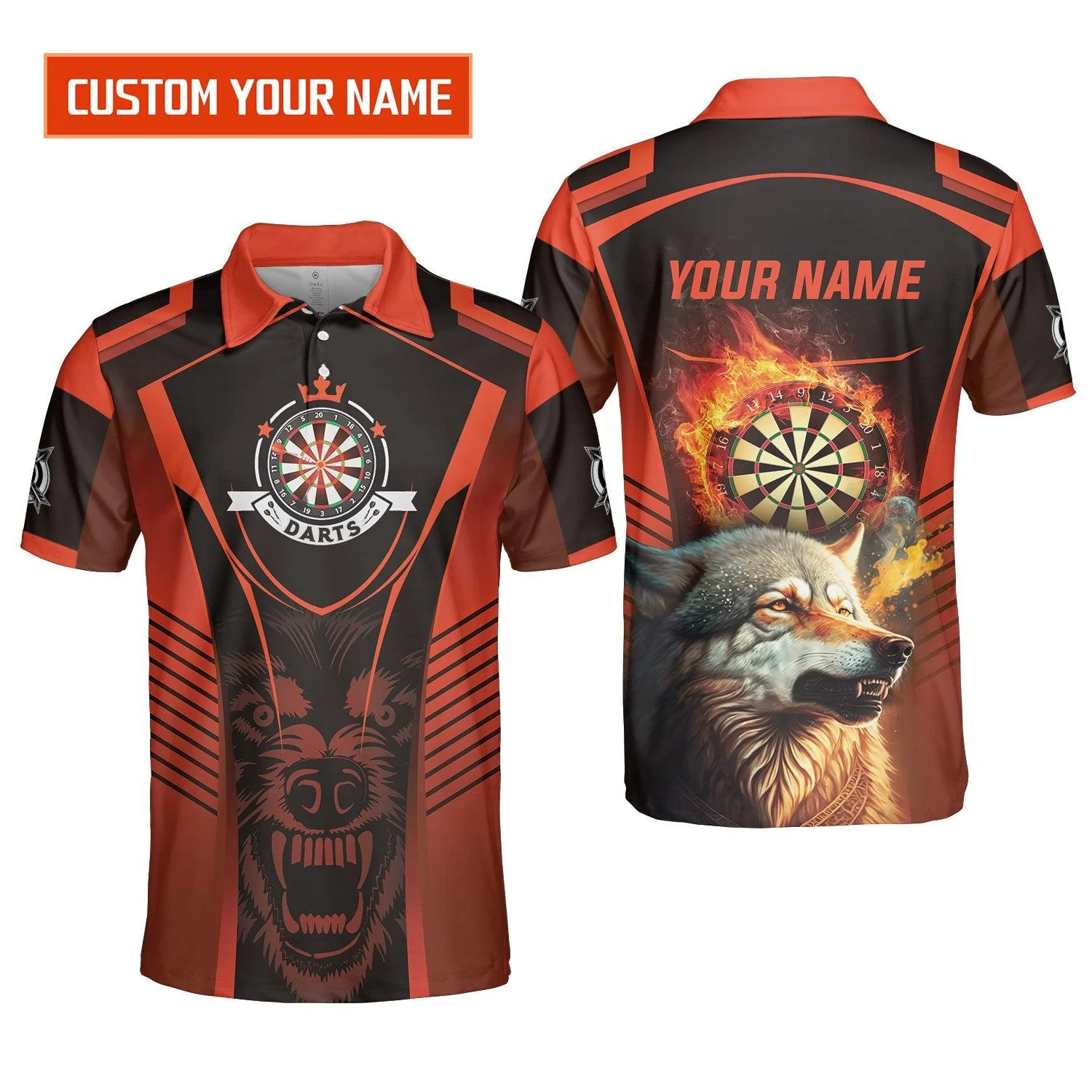 Custom Name Darts Men's Long Sleeve Polo Shirt, Orange Wolf Dartboard Personalized Long Sleeve Polo Shirt - Gift For Darts Players - Image 3