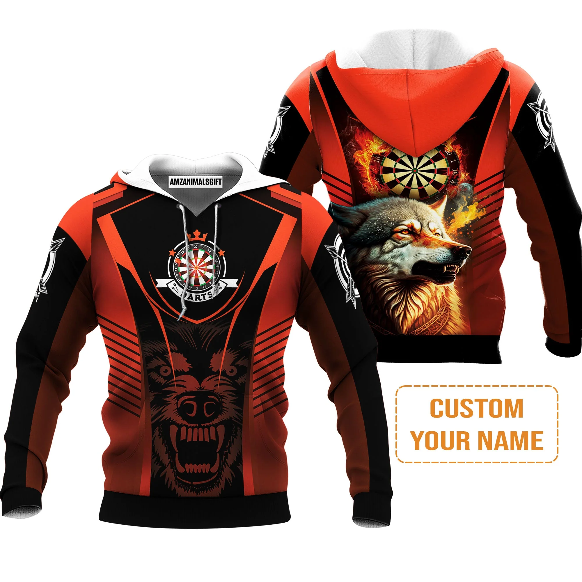 Custom Name Darts Men's Long Sleeve Polo Shirt, Orange Wolf Dartboard Personalized Long Sleeve Polo Shirt - Gift For Darts Players - Image 5