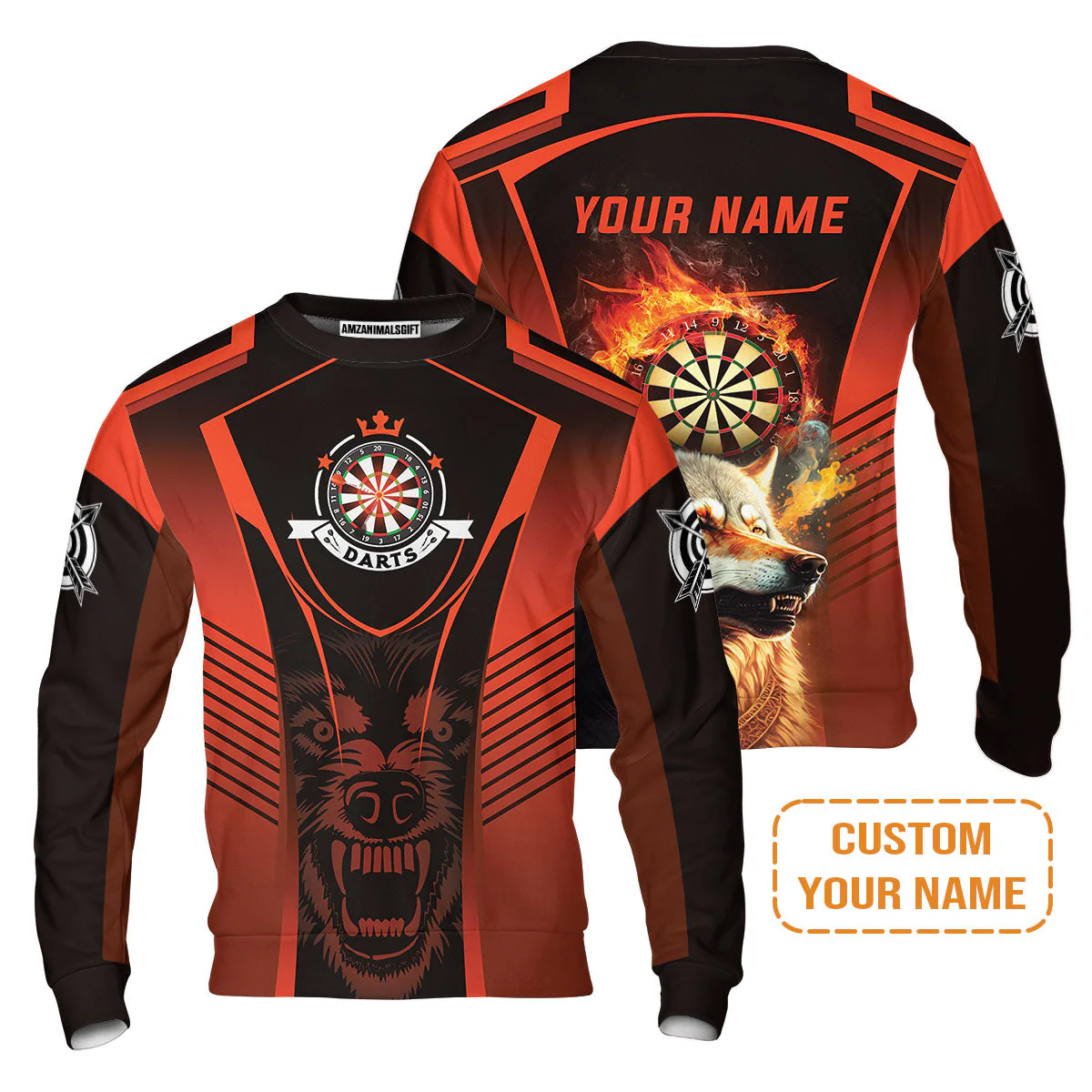 Custom Name Darts Men's Long Sleeve Polo Shirt, Orange Wolf Dartboard Personalized Long Sleeve Polo Shirt - Gift For Darts Players - Image 6