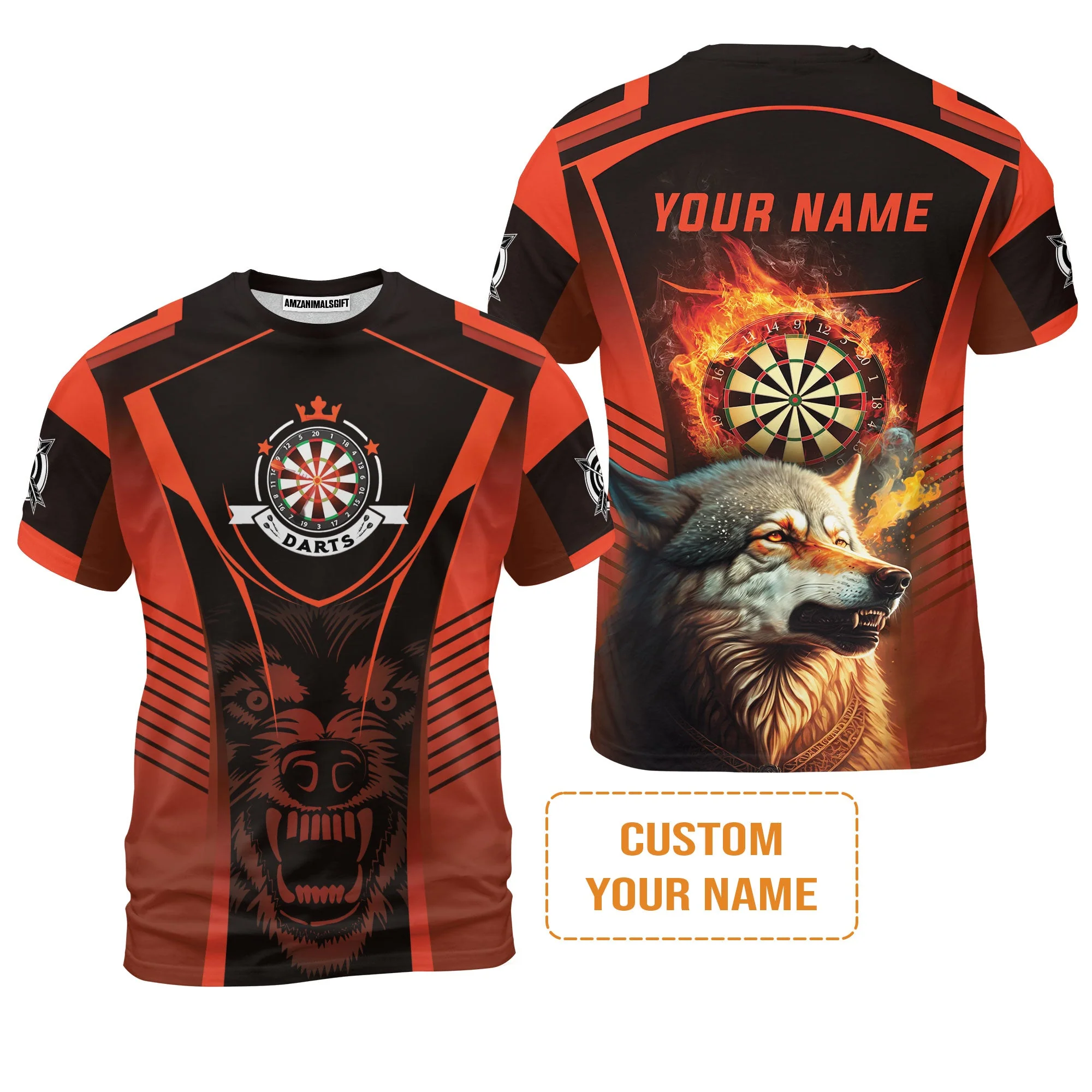 Custom Name Darts Men's Long Sleeve Polo Shirt, Orange Wolf Dartboard Personalized Long Sleeve Polo Shirt - Gift For Darts Players - Image 7