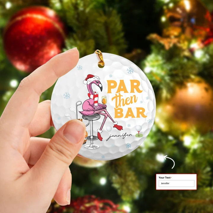 Custom Name Flamingo Golf Beer Par Then Bar Circle Ceramic Ornament, Christmas Golf Ceramic Ornament - Best Gift For Golf Lovers, New Year - Image 2
