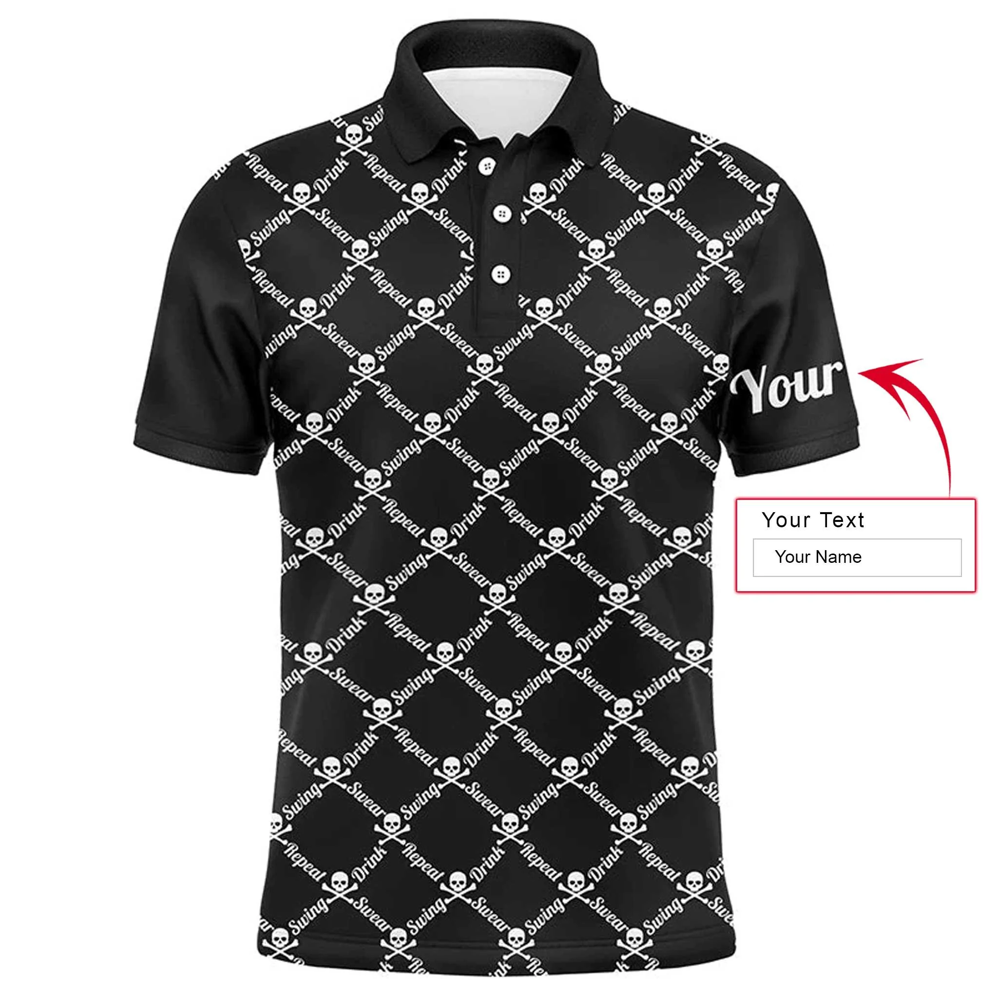 Custom Name Golf Men Polo Shirt - Swing Swear Drink Repeat Skull Pattern Apparel - Personalized Gift For Golf Lover, Team, Husband, Boyfriend, Men - Image 2