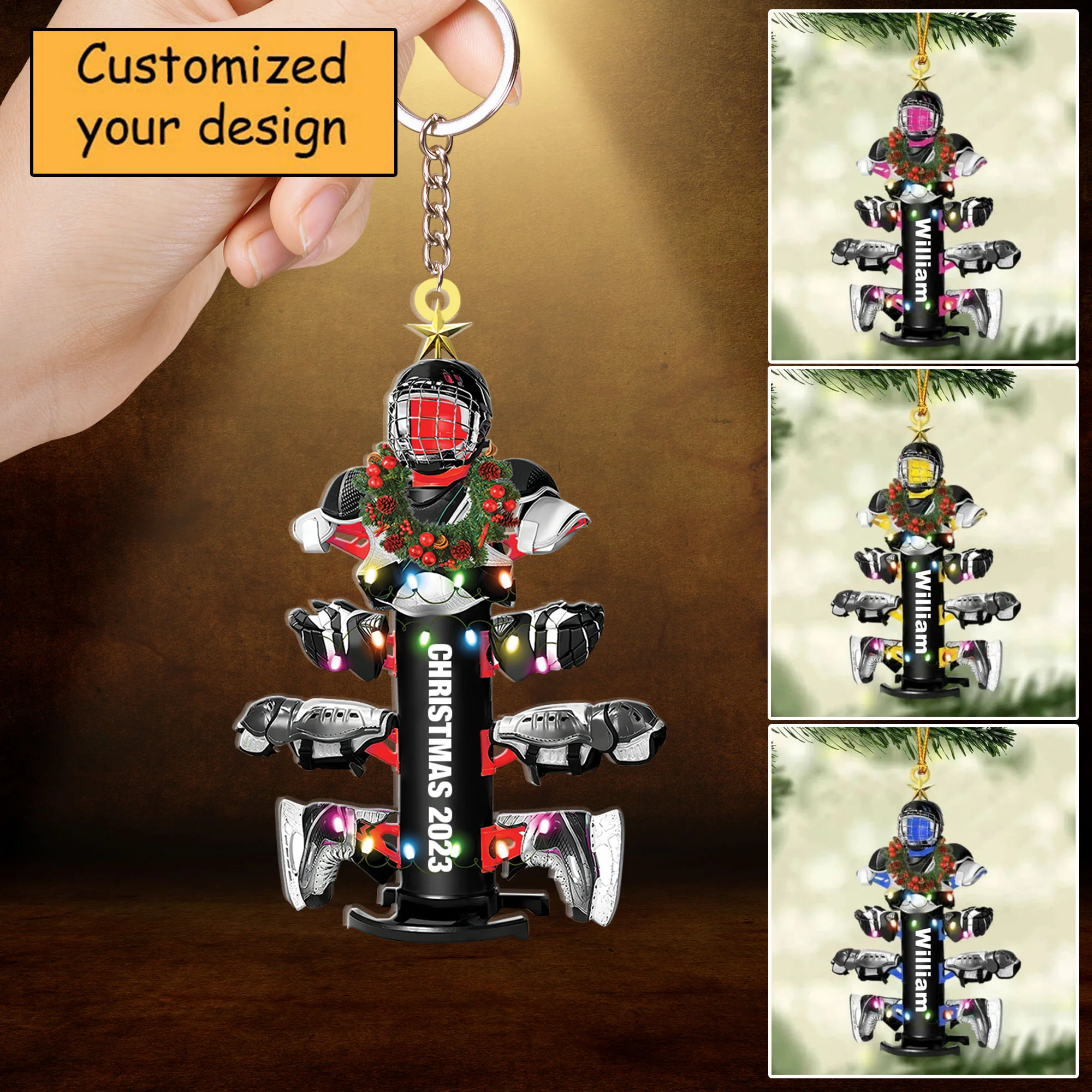 Custom Name Hockey Equipment Drying Stand Christmas Keychain Gift For Hockey Lover - Christmas Acrylic Keychain Tree Decor - Image 2