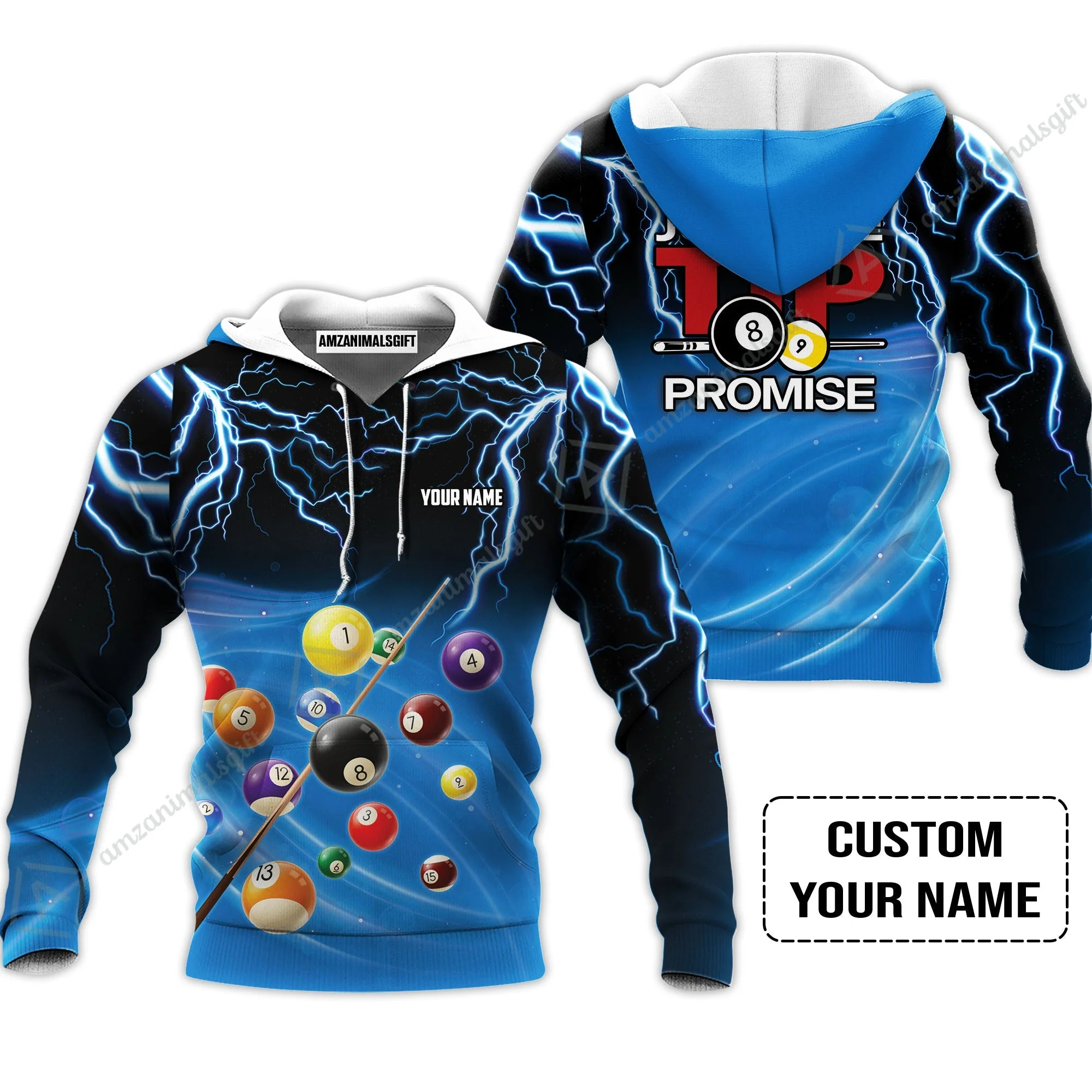 Custom Name Hoodie, Personalized Thunder 8 Ball Pool Billiards Hoodie, Gift For Billiard Lovers, Just The Tip I Promise