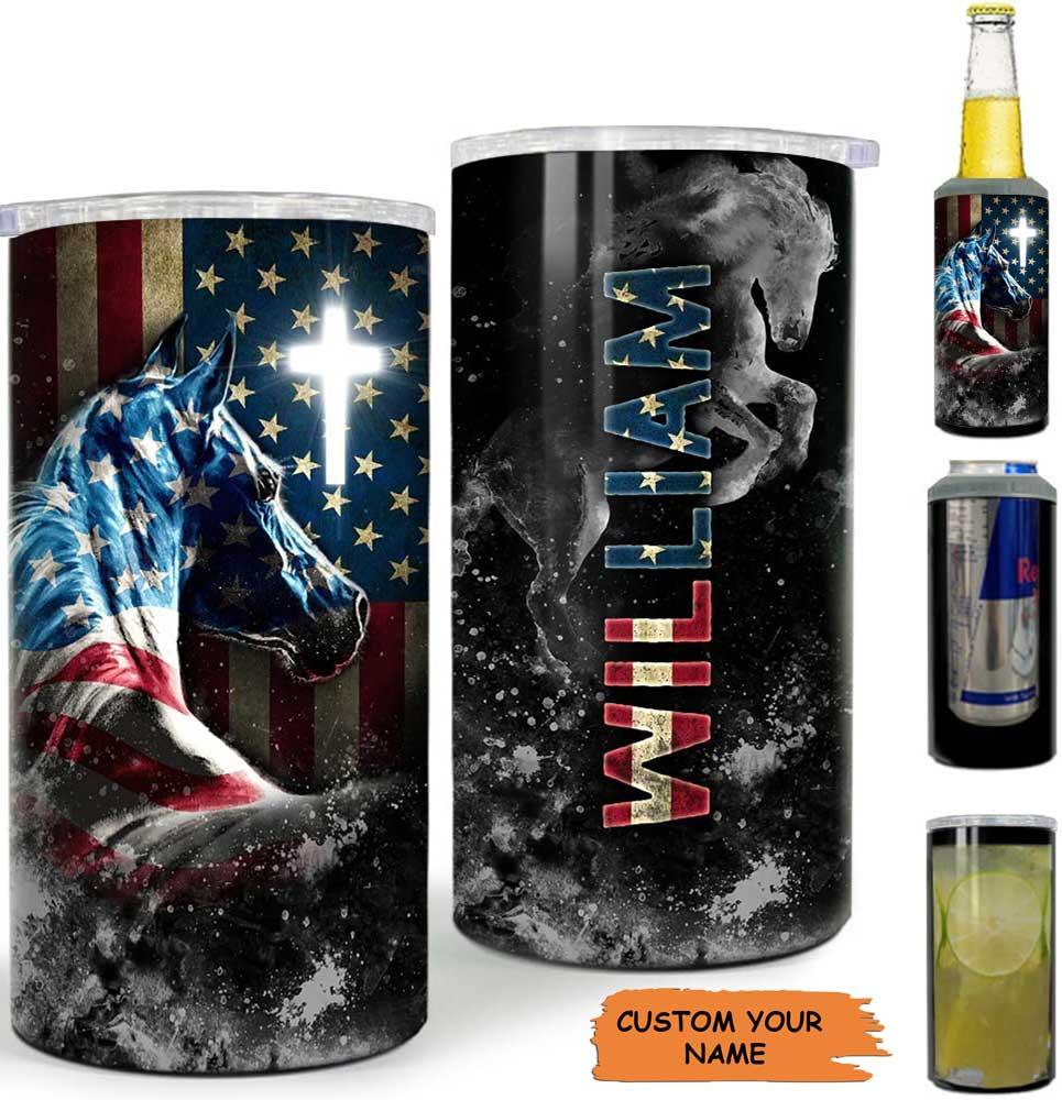 Custom Name Horse US Independence Day Can Cooler Tumbler, Personalized American Flag Cooler Tumbler, 4th July Gifts For Men Women, Horse Lovers