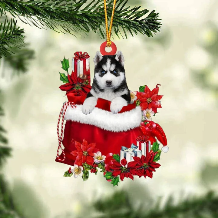 Custom Name Husky In Red Gift Bag Acrylic Christmas Ornament, Customized Christmas Gift For Dog Lovers, Dog Mom - Image 2